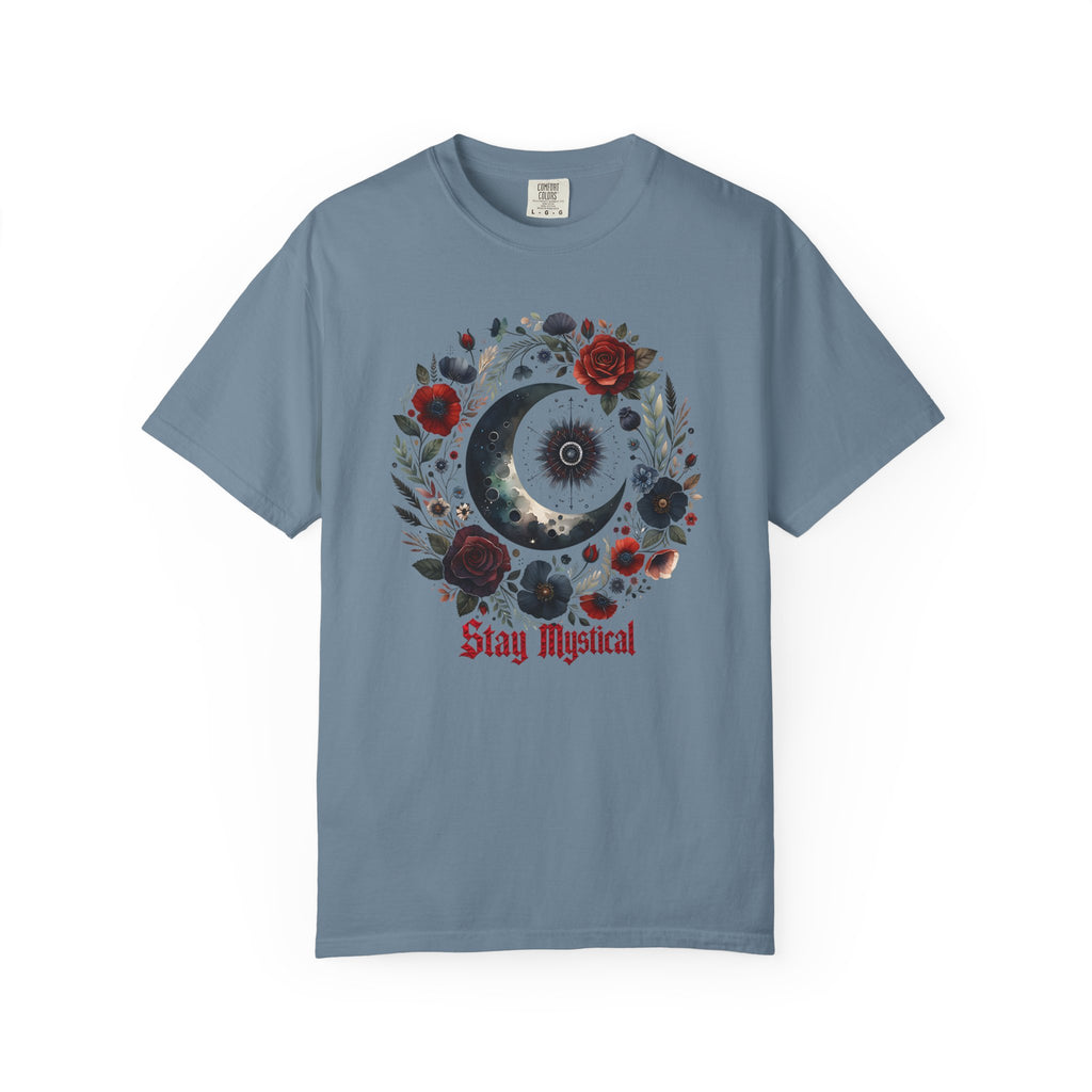Mystical Moon T-Shirt — “Stay Mystical” Floral Crescent Tee - Dark Aesthetic T-Shirt - Midnight Eye, LLC