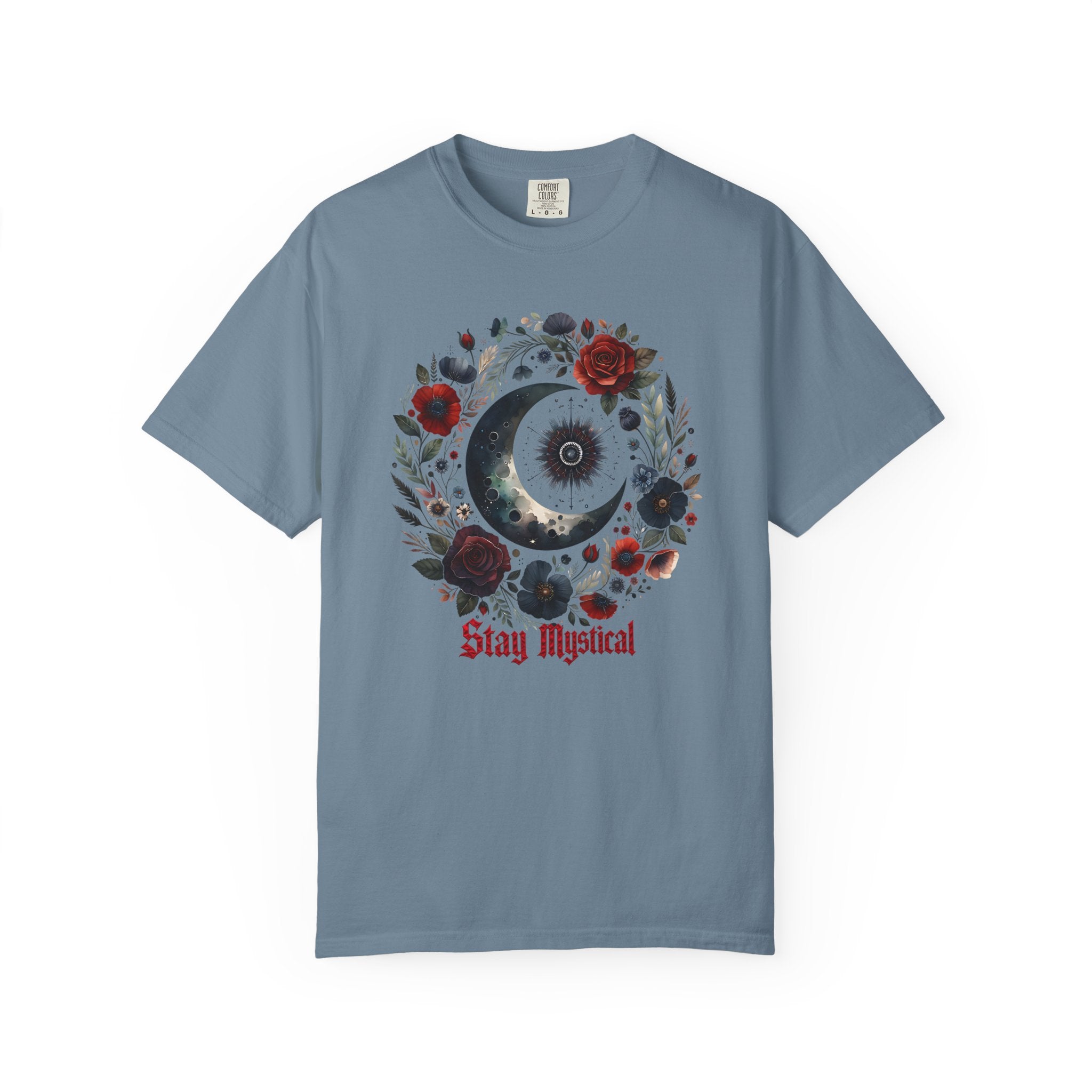 Mystical Moon T-Shirt — “Stay Mystical” Floral Crescent Tee - Dark Aesthetic T-Shirt - Midnight Eye, LLC