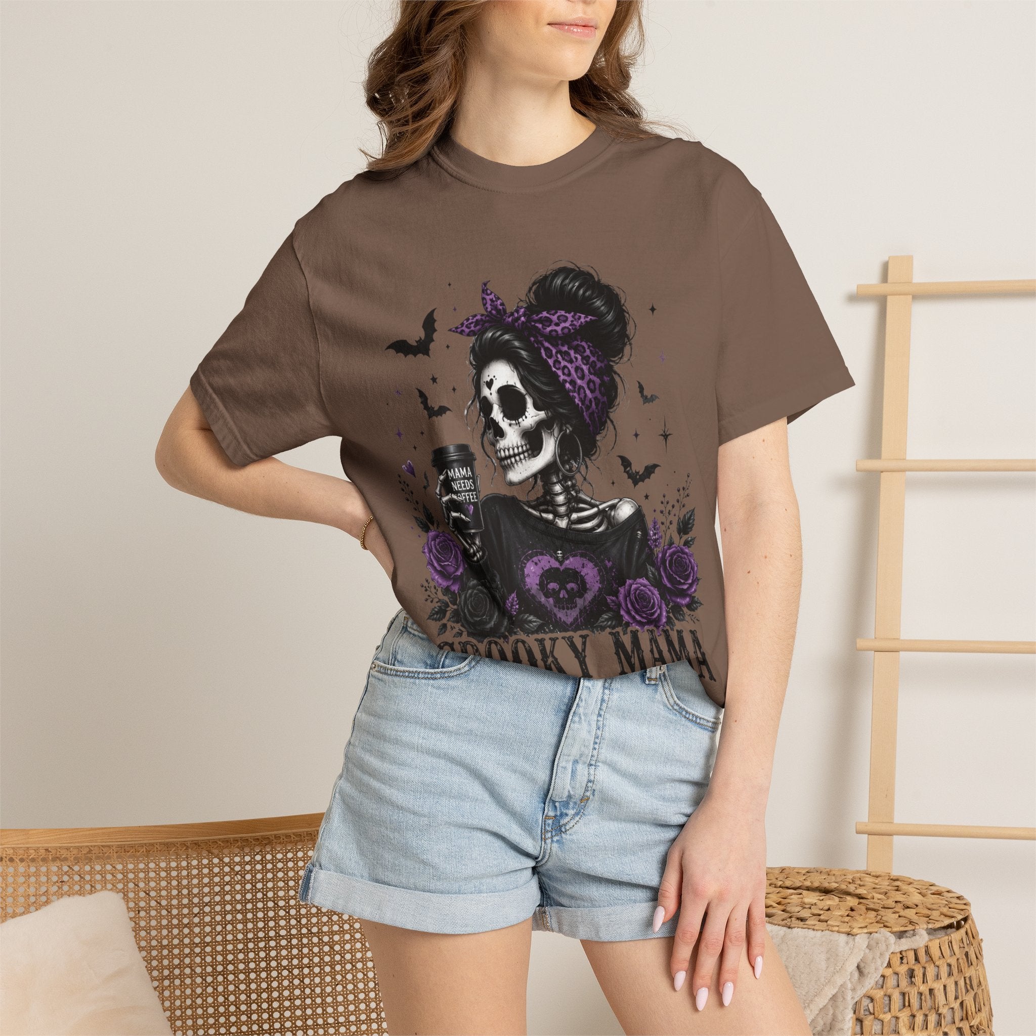 Spooky Mama T-Shirt — Gothic Skull  and Bats Mom Tee with Purple Roses. Midnight Eye, LLC. 