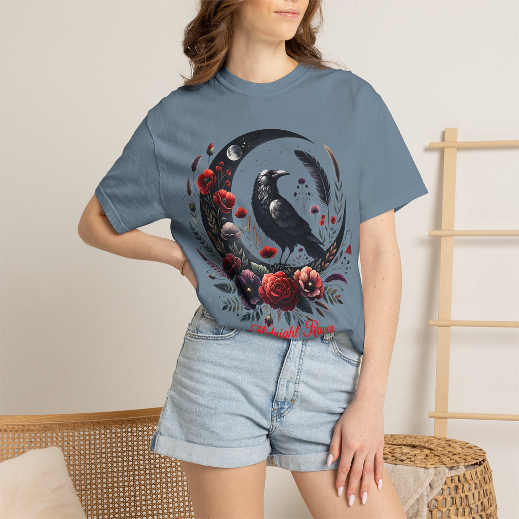 Moon Raven Floral T-Shirt — "Midnight Bloom" Graphic Tee - Mystical Moon Tee - Dark Aesthetic T-Shirt. Midnight Eye, LLC