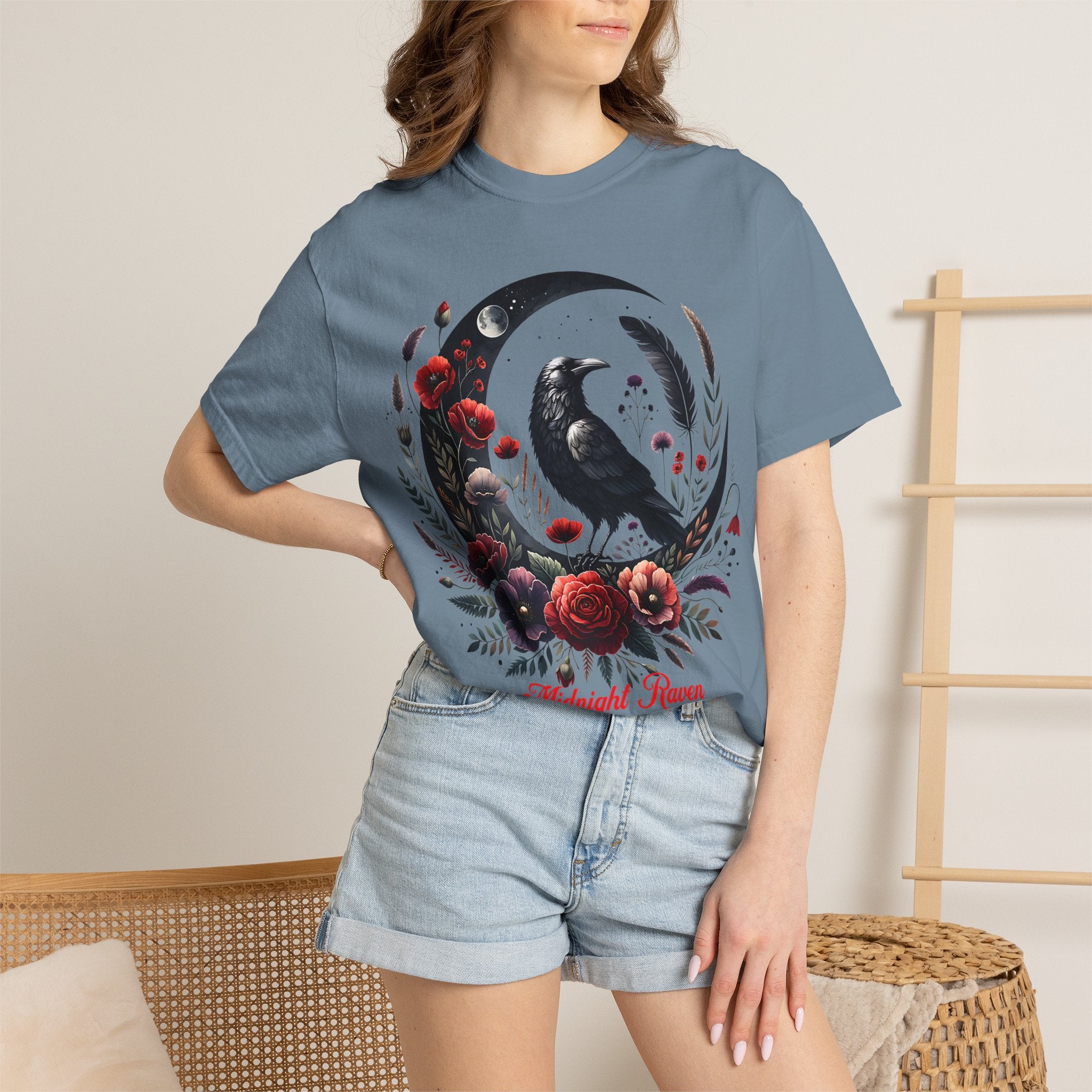 Moon Raven Floral T-Shirt — "Midnight Bloom" Graphic Tee - Mystical Moon Tee - Dark Aesthetic T-Shirt. Midnight Eye, LLC