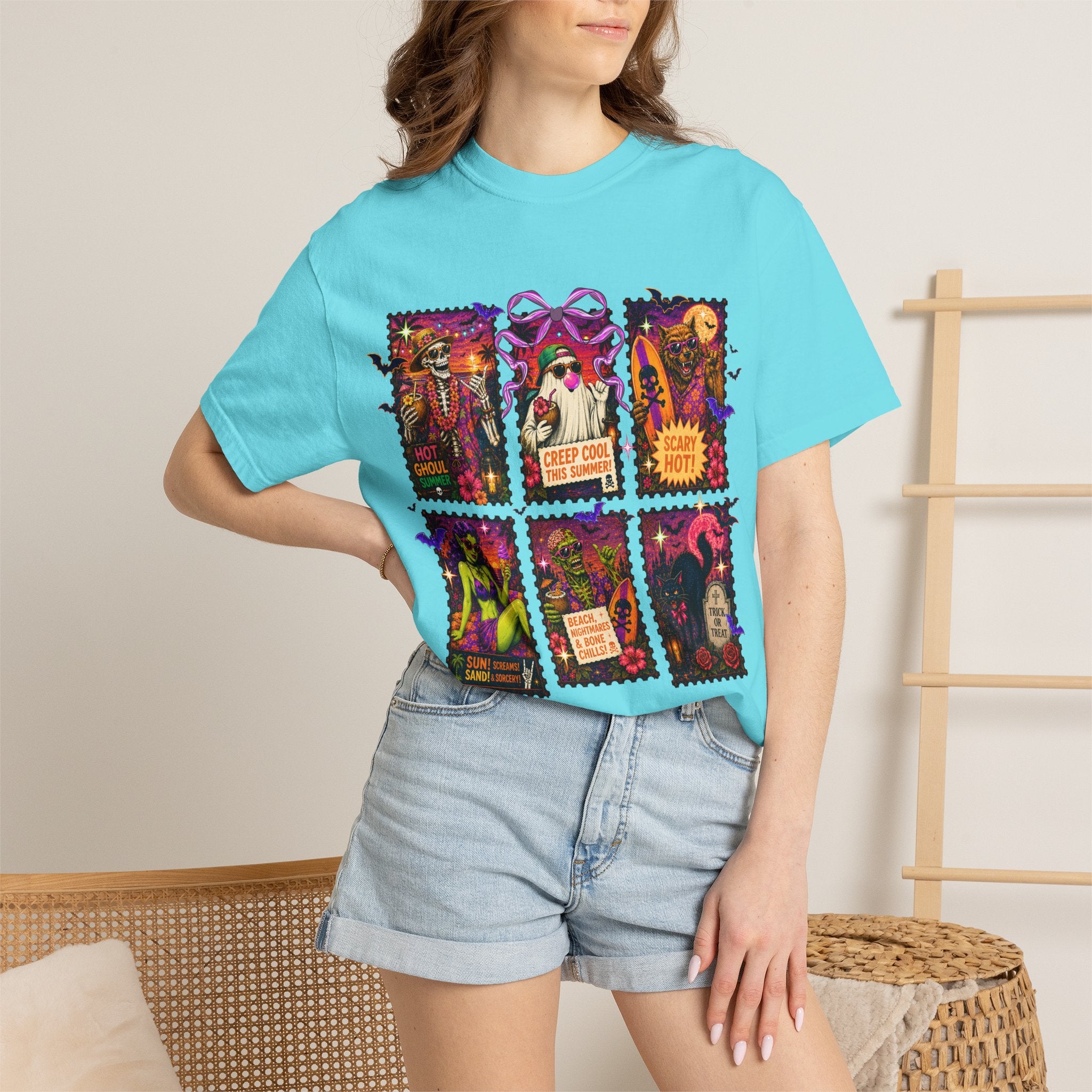 Halloween Witch Postage Stamp T-Shirt — Vintage Spooky Pin-Up Graphic Tee. Midnight Eye, LLC. 
