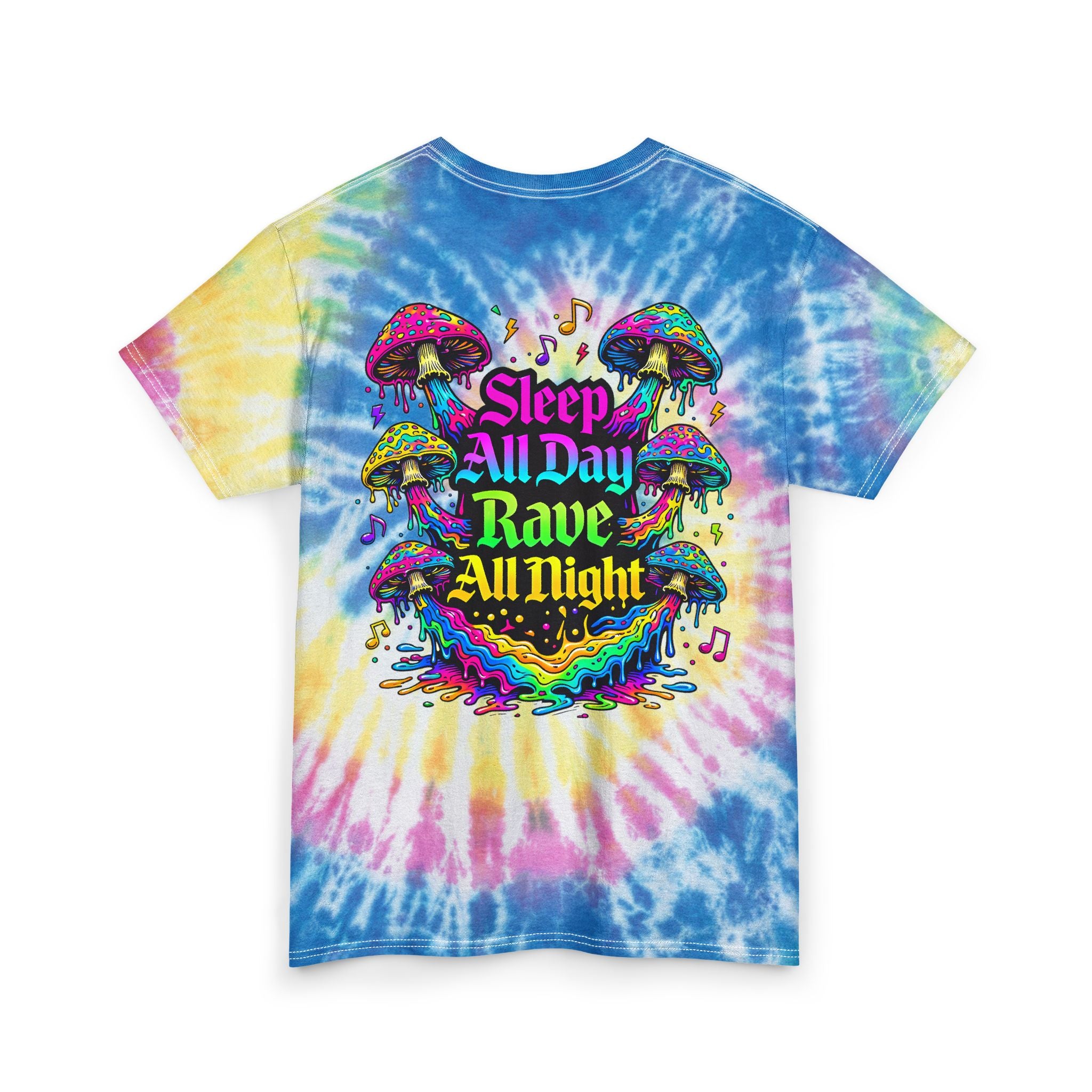 Tie Dye T‑Shirt — "Sleep All Day, Rave All Night" Psychedelic Mushroom Tee - Midnight Eye, LLC