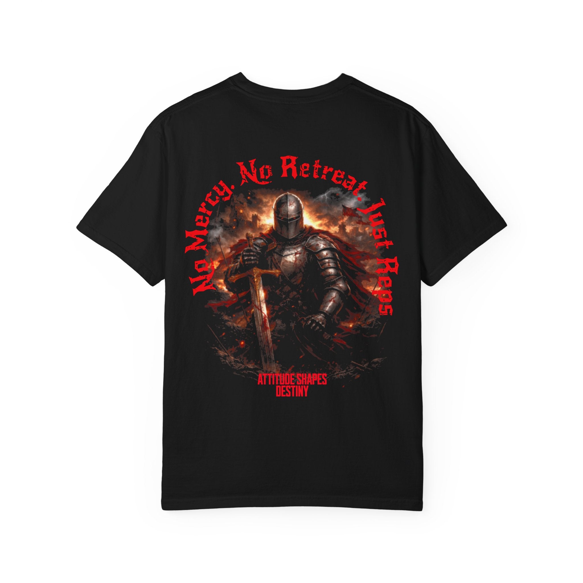 Knight Graphic T-Shirt — 'No Mercy, No Retreat, Just Reps' Design - Inspirational Tee - Workout Tee - Midnight Eye, LLC