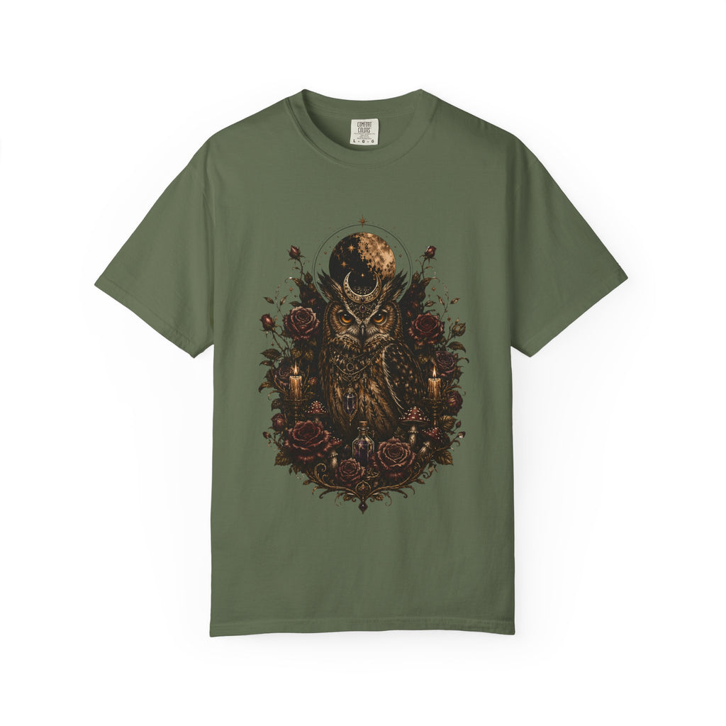 Owl Moon Graphic T-Shirt — Gothic Owl with Roses
