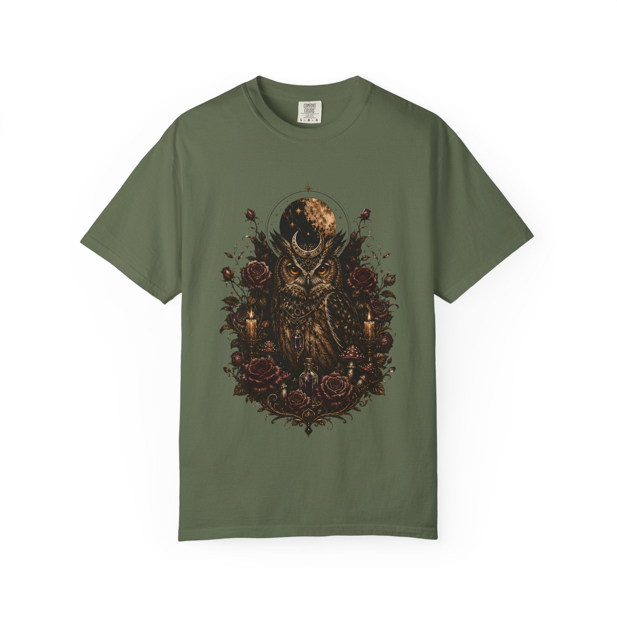 Owl Moon Graphic T-Shirt — Gothic Owl with Roses