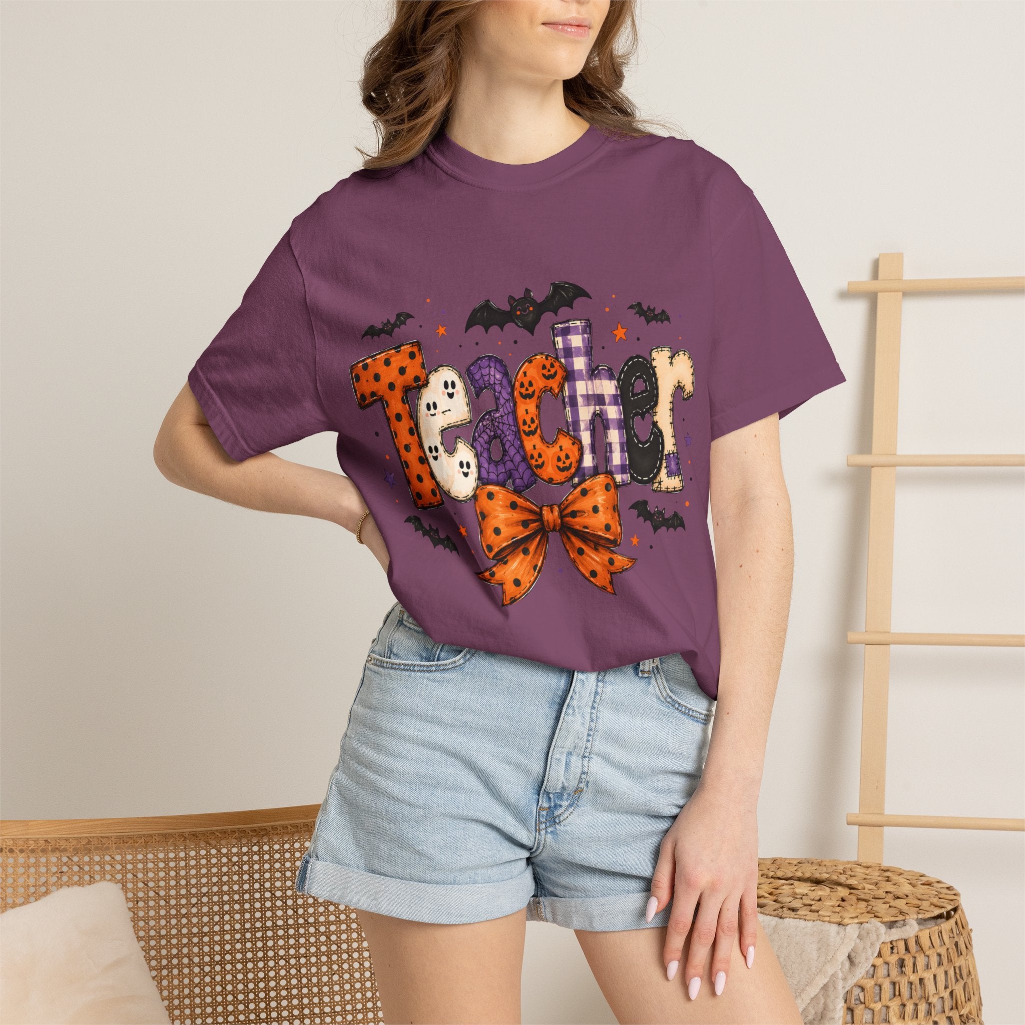 Teacher Halloween T-Shirt — Cute Spooky 'Teacher' Design with Bats & Bow