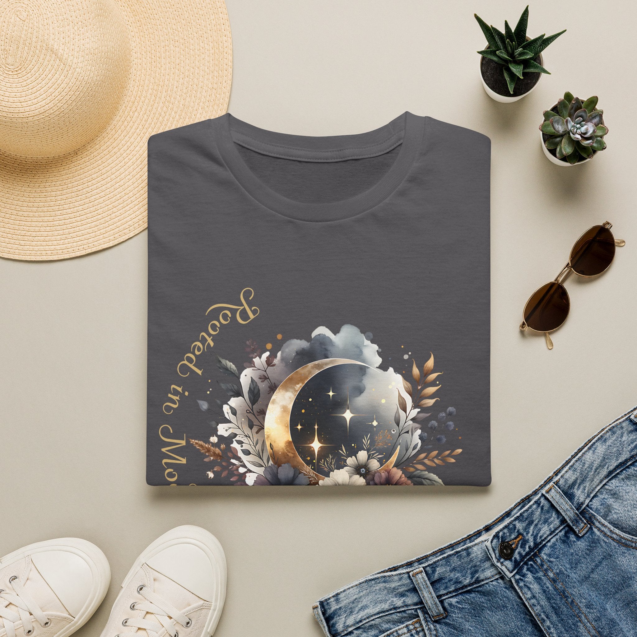 Moonlight Floral T-Shirt — 'Rooted in Moonlight' Celestial Floral Graphic Tee - Mystical Tee - Midnight Eye, LLC