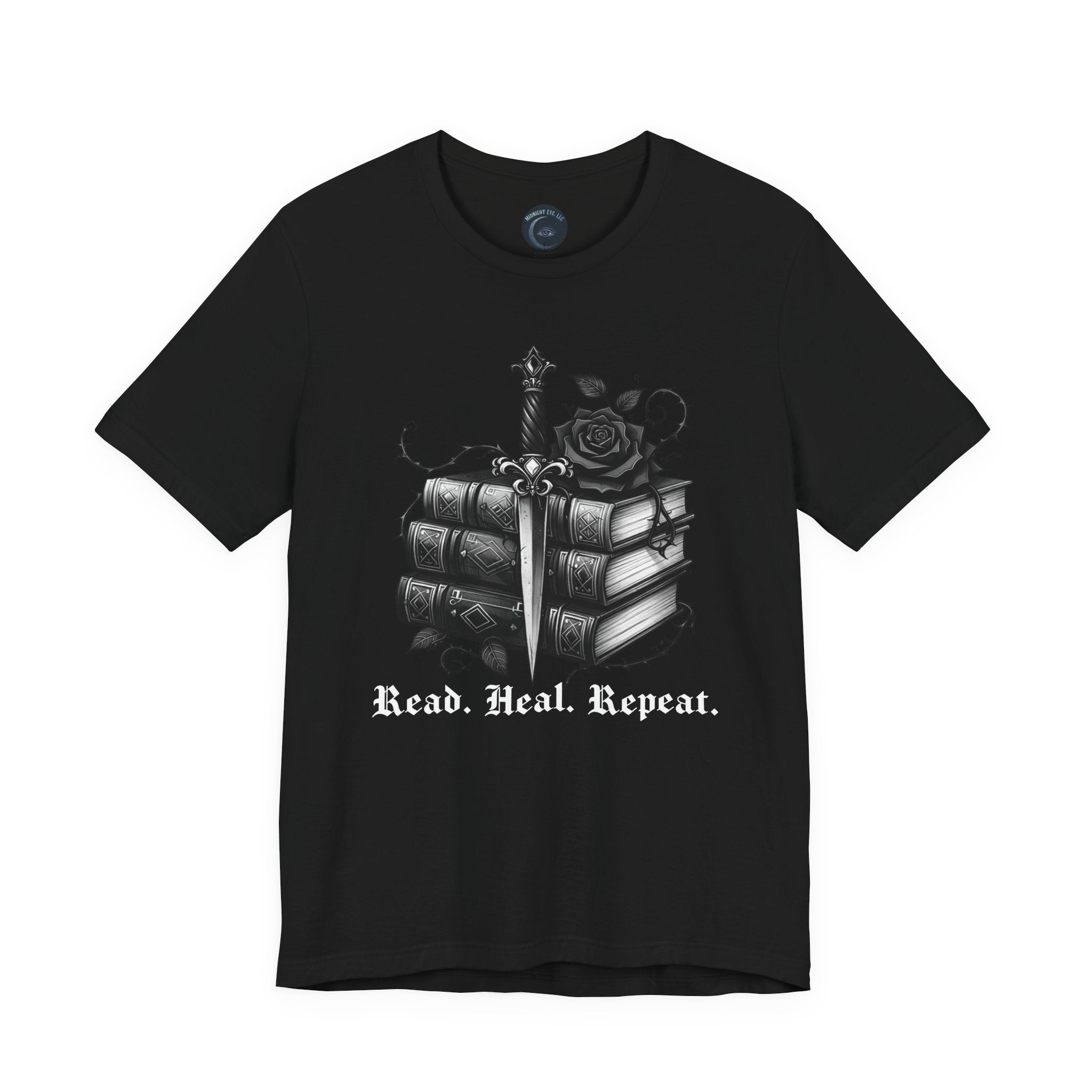 Read. Heal. Repeat. Gothic Book, Rose & Dagger T-Shirt. Books Tee. Midnight Eye, LLC.