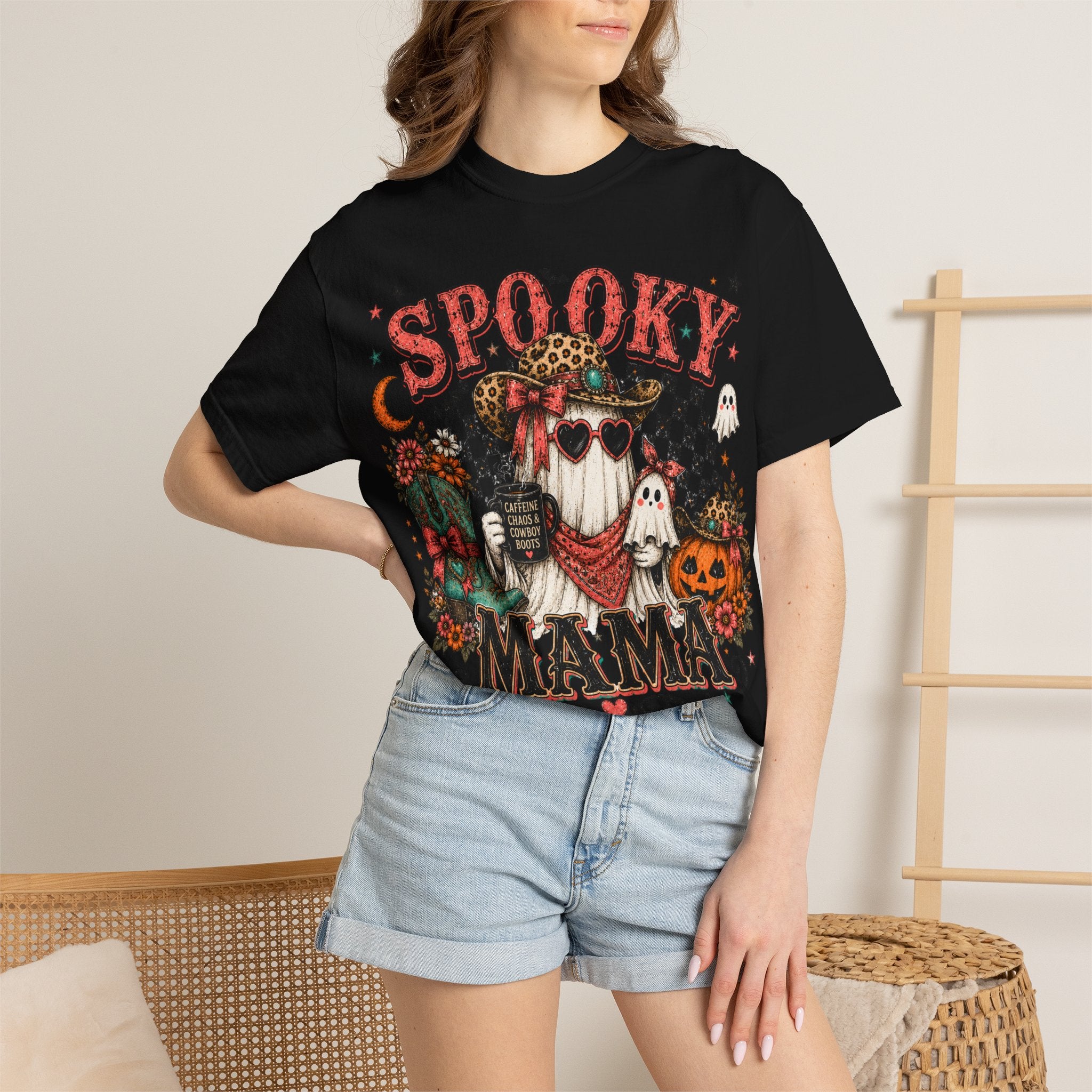 Spooky Mama T-Shirt — Vintage Halloween Ghosts & Pumpkin Graphic. Midnight Eye, LLC