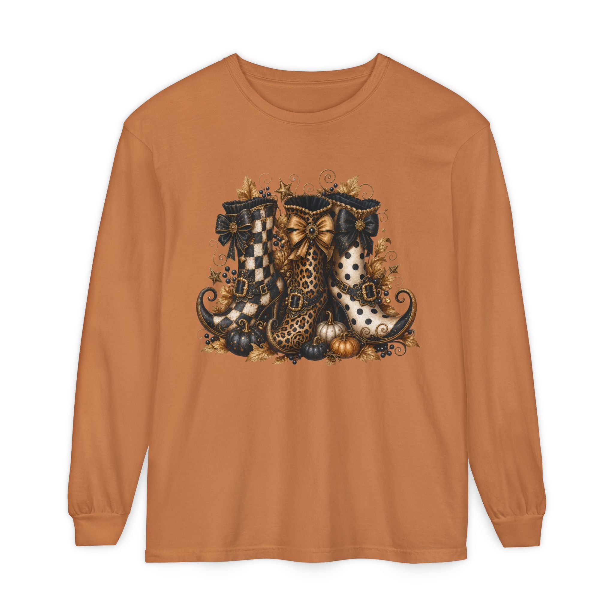 Halloween Witch Boots Long Sleeve T-Shirt — Vintage Spooky Pumpkin & Bows. Midnight Eye, LLC