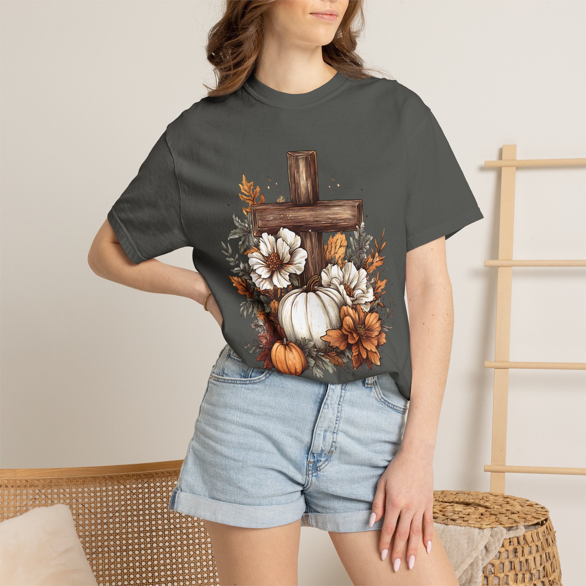 Faithful Fall Cross T-Shirt — Pumpkin & Floral Autumn Christian Tee. Midnight Eye, LLC
