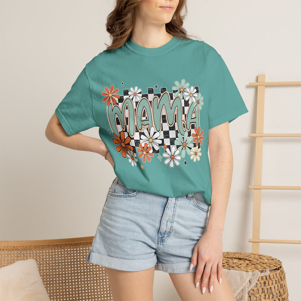 Mama Floral Graphic T-Shirt — Retro Checkerboard Mom Tee. Midnight Eye, LLC