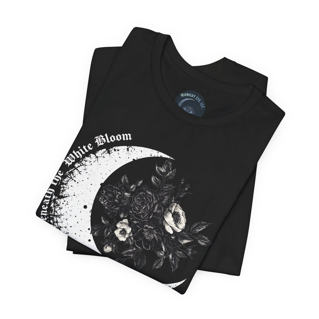 Moonflower Moon Tee — Floral Crescent Moon Graphic T-Shirt - Gothic Moon & Flowers Tee