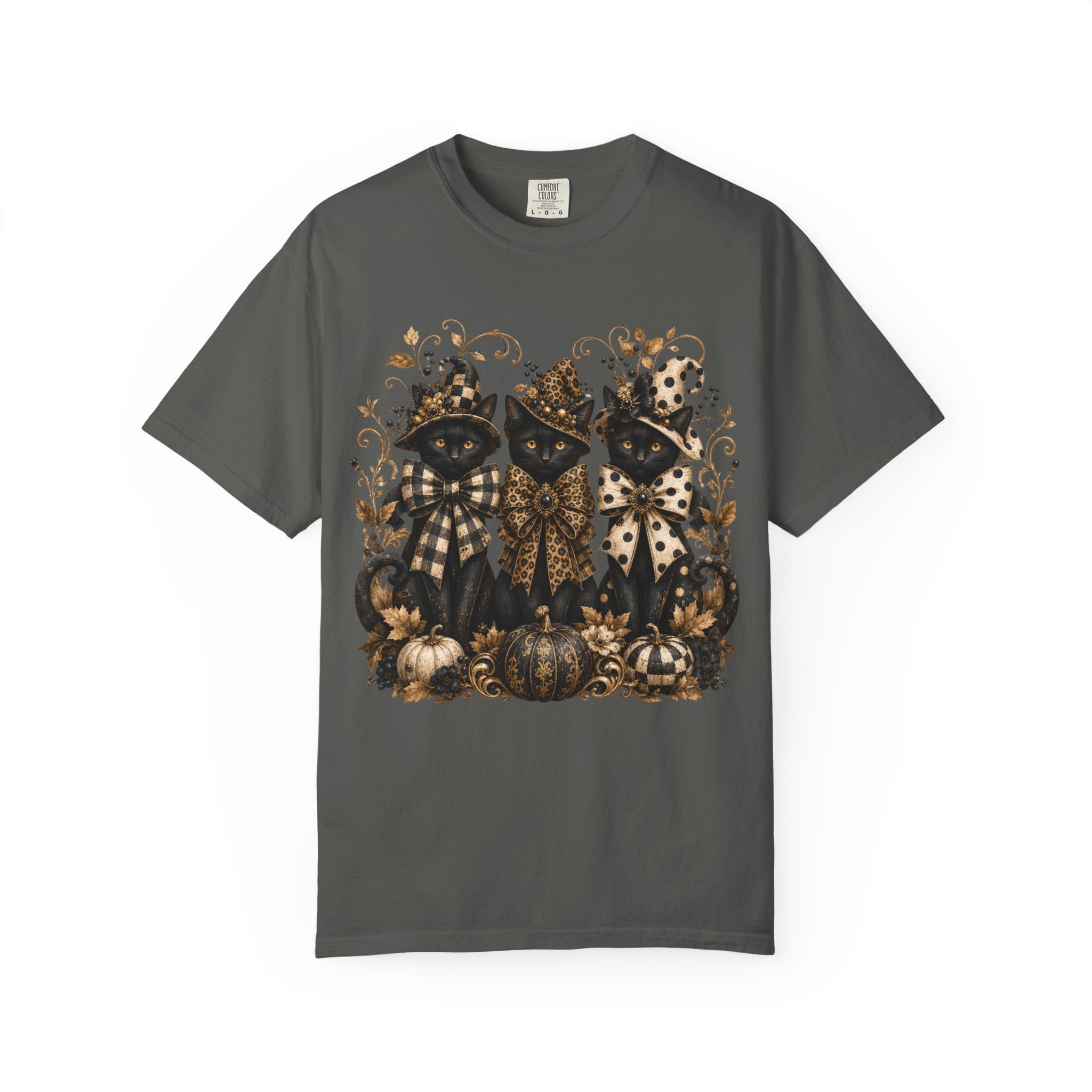 Halloween Black Cats & Pumpkins T-Shirt — Autumn Spooky Vintage Tee. Midnight Eye, LLC