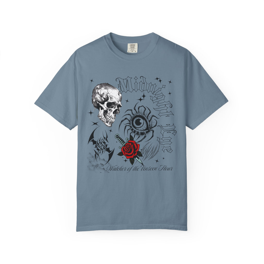 Skull, Red Rose & Eye Tattoo Art T-Shirt — Gothic Streetwear Tee. Midnight Eye, LLC