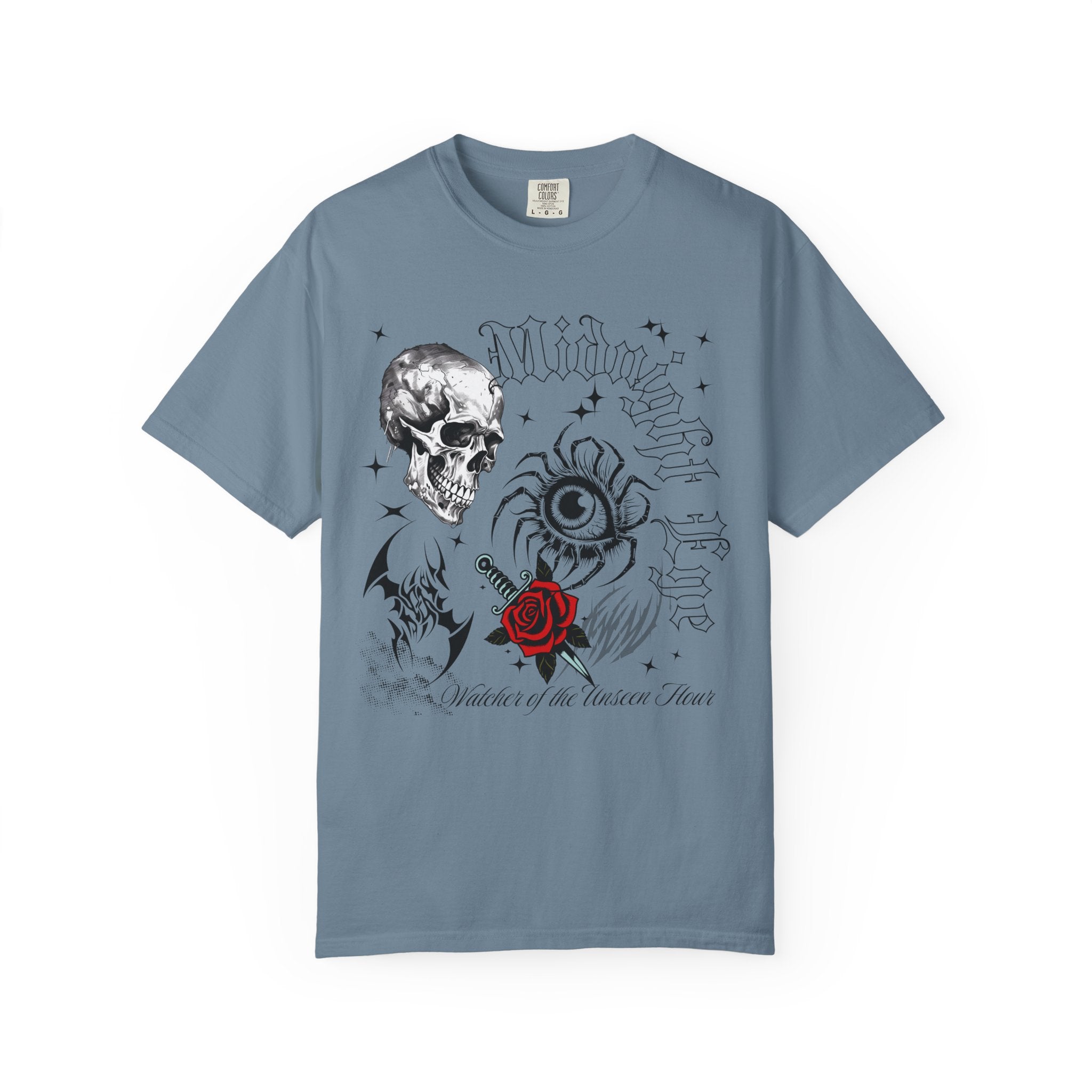 Skull, Red Rose & Eye Tattoo Art T-Shirt — Gothic Streetwear Tee. Midnight Eye, LLC