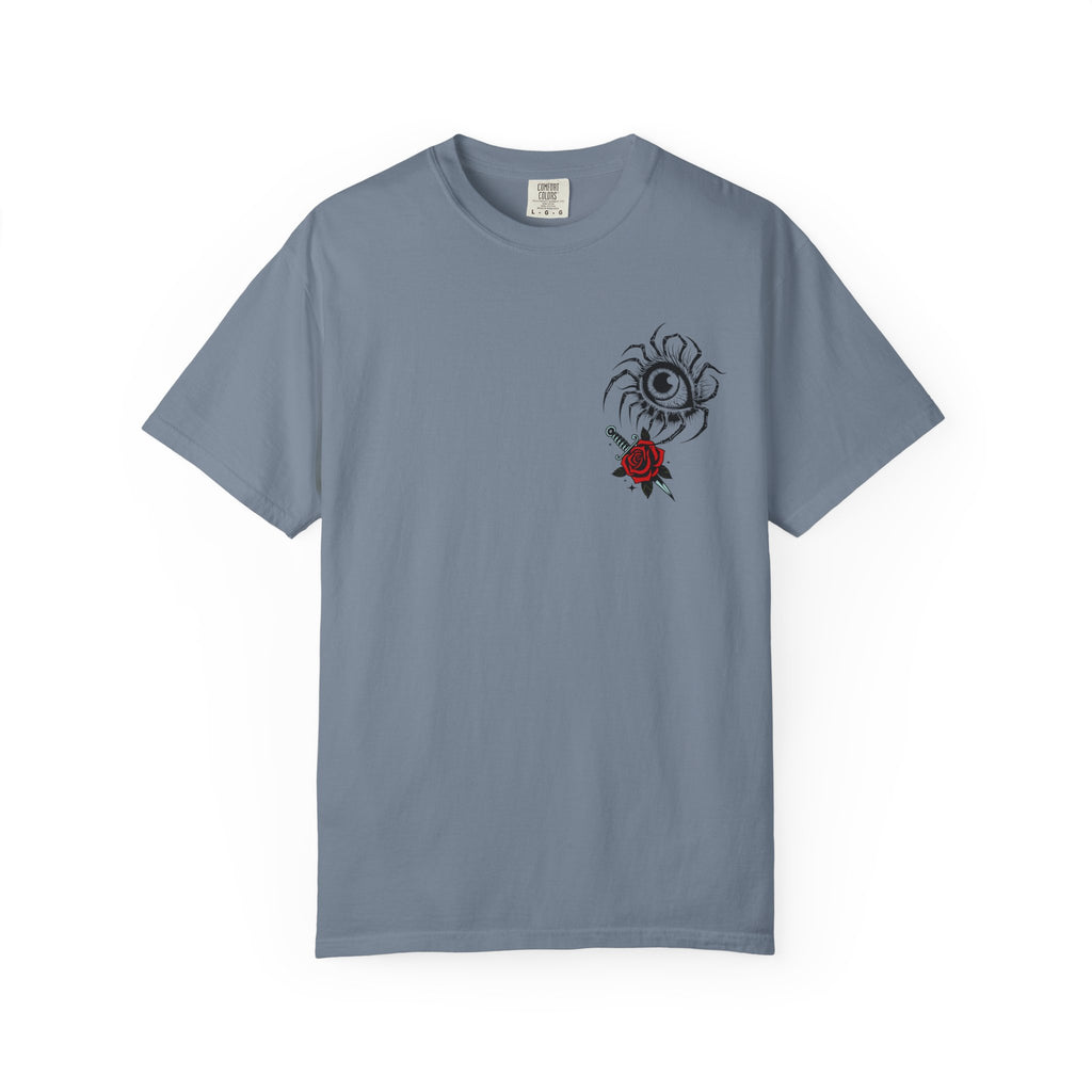 Graphic Skull & Red Rose Gothic T‑Shirt - Edgy Streetwear T-Shirt - Vintage Tee - Dark Aesthetic Tee - Midnight Eye, LLC