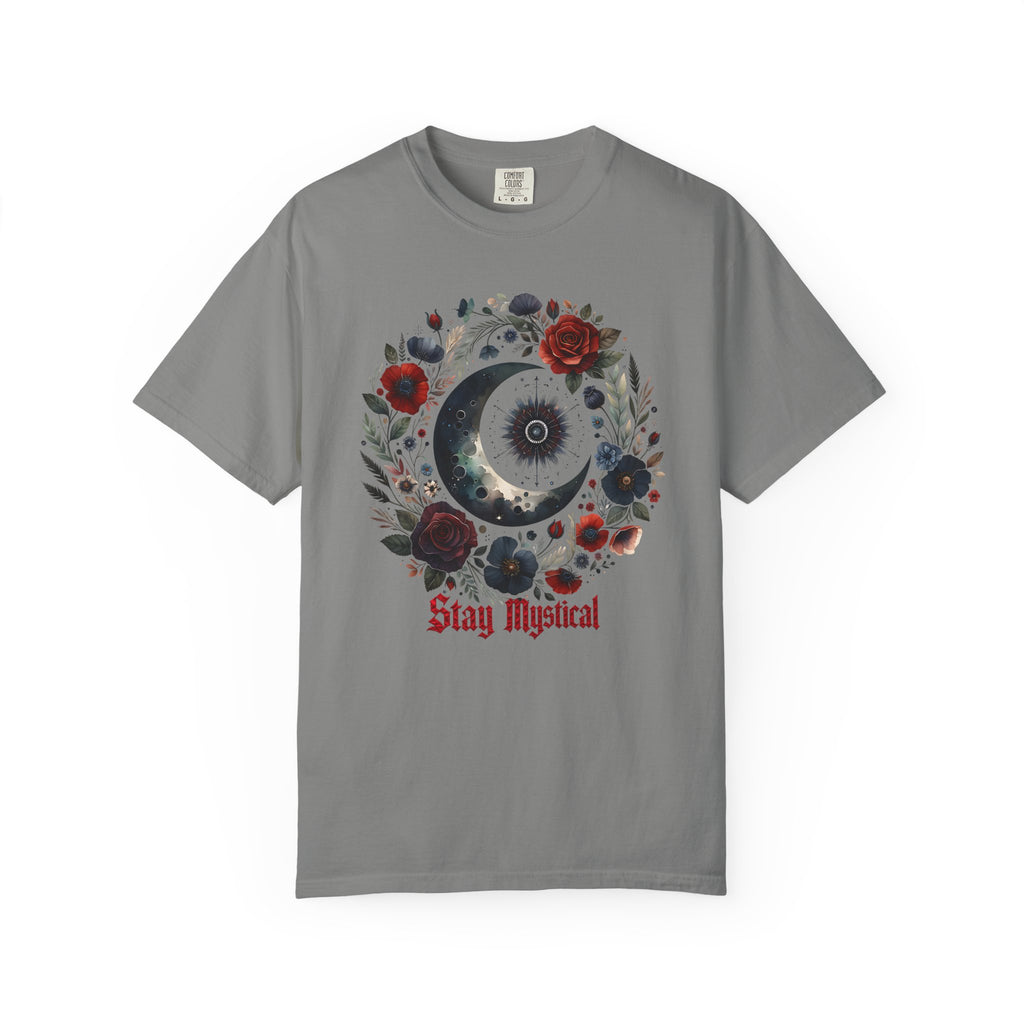 Mystical Moon T-Shirt — “Stay Mystical” Floral Crescent Tee - Dark Aesthetic T-Shirt. Midnight Eye, LLC.