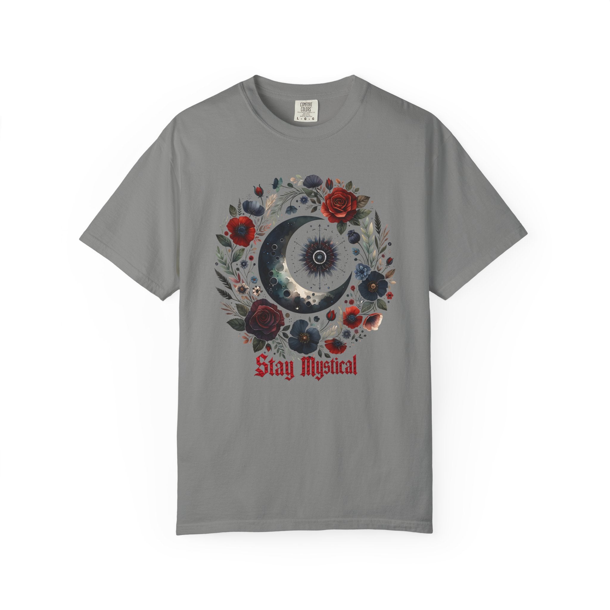 Mystical Moon T-Shirt — “Stay Mystical” Floral Crescent Tee - Dark Aesthetic T-Shirt. Midnight Eye, LLC.