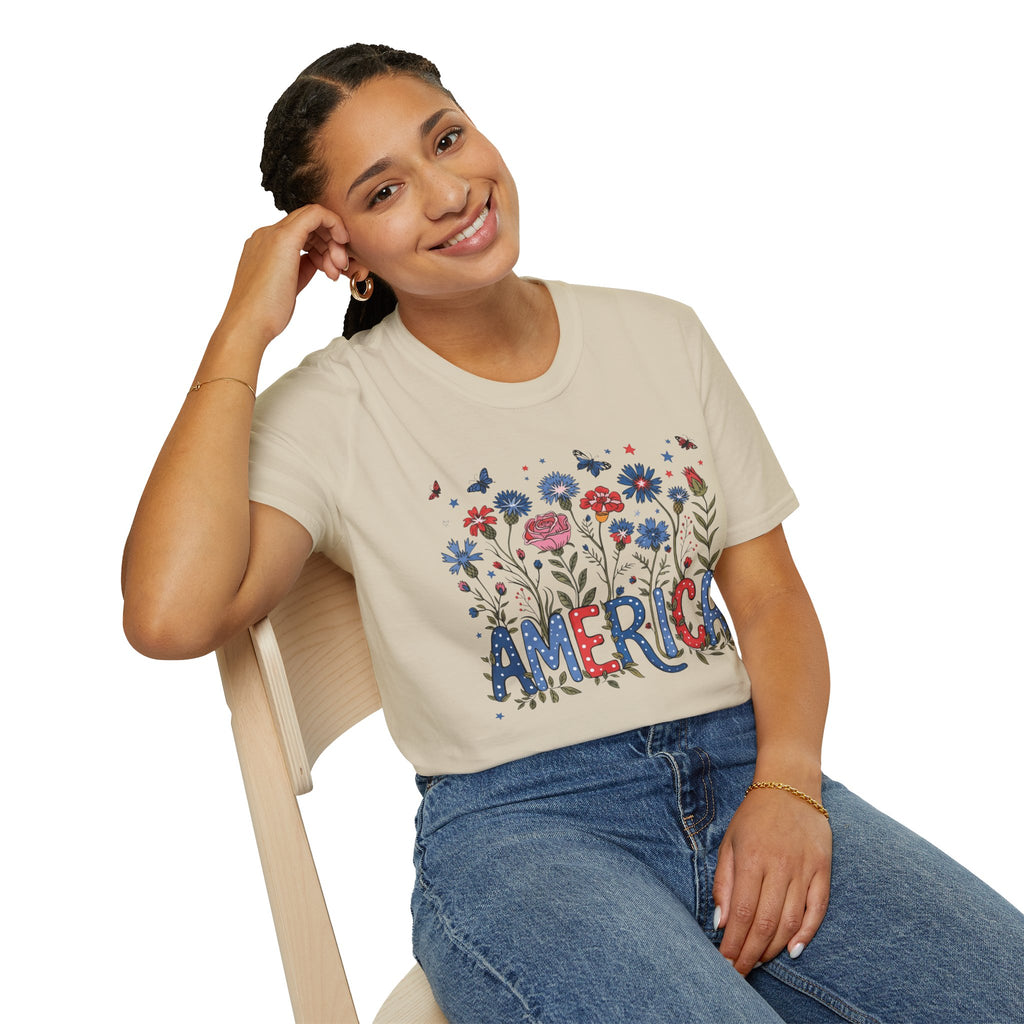 America Floral T‑Shirt — Patriotic Red, White & Blue Garden Graphic Tee - 4th of July T-Shirt - Midnight Eye, LLC