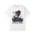 Spooky Mama T-Shirt — Gothic Skull  and Bats Mom Tee with Purple Roses. Midnight Eye, LLC. 