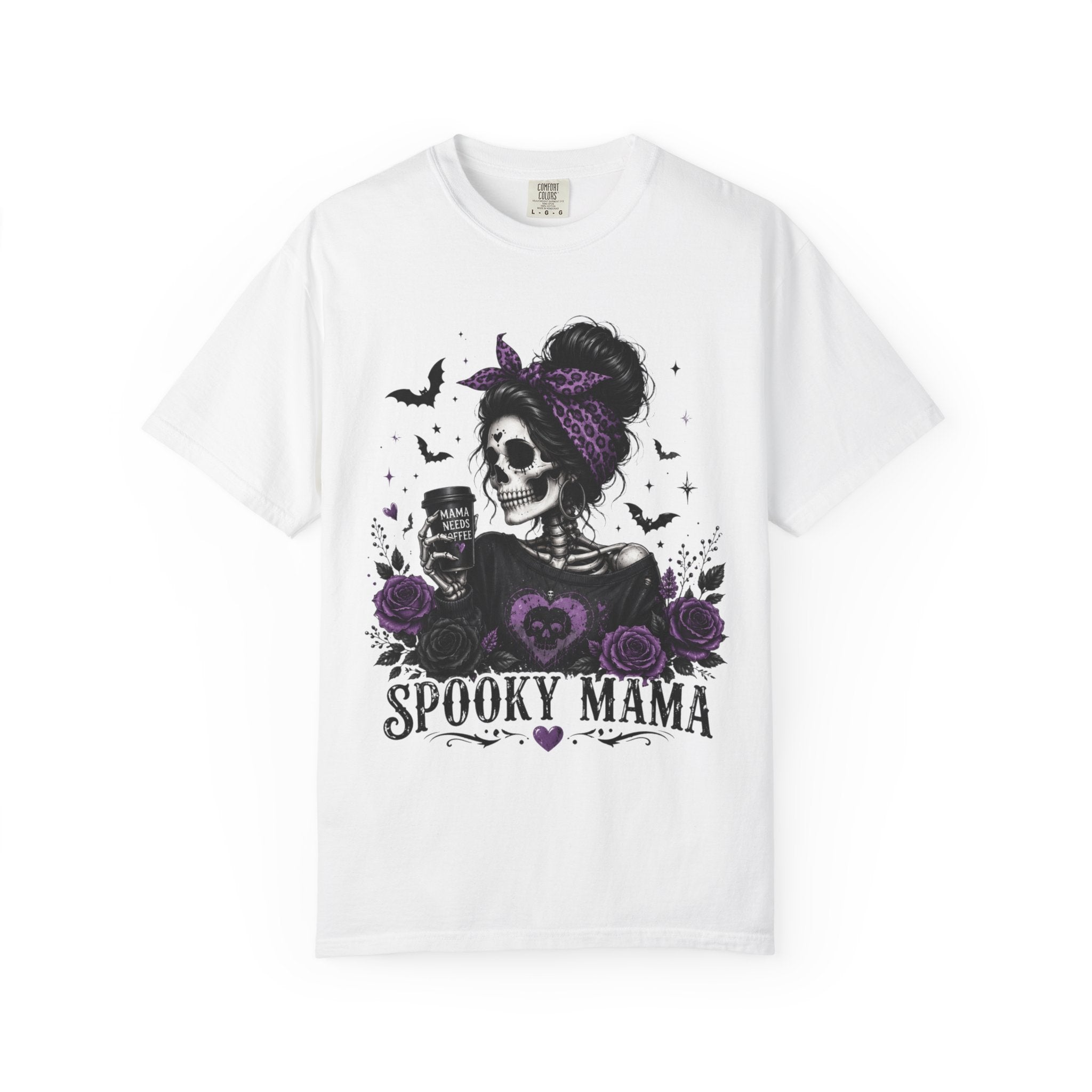 Spooky Mama T-Shirt — Gothic Skull  and Bats Mom Tee with Purple Roses. Midnight Eye, LLC. 