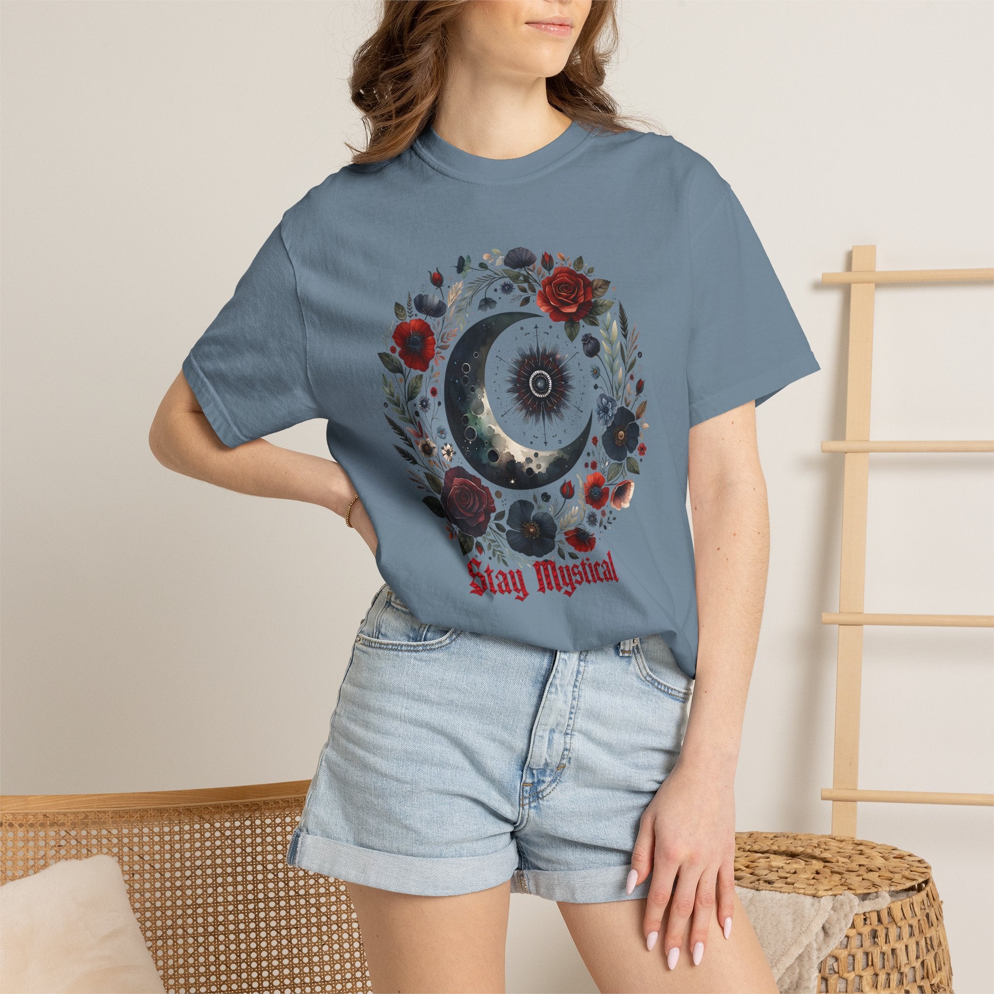 Mystical Moon T-Shirt — “Stay Mystical” Floral Crescent Tee - Dark Aesthetic T-Shirt - Midnight Eye, LLC