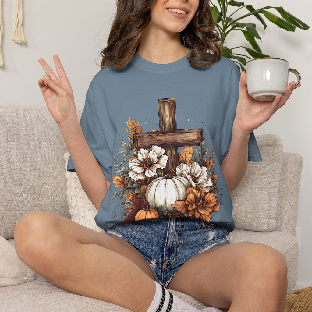 Faithful Fall Cross T-Shirt — Pumpkin & Floral Autumn Christian Tee. Midnight Eye, LLC