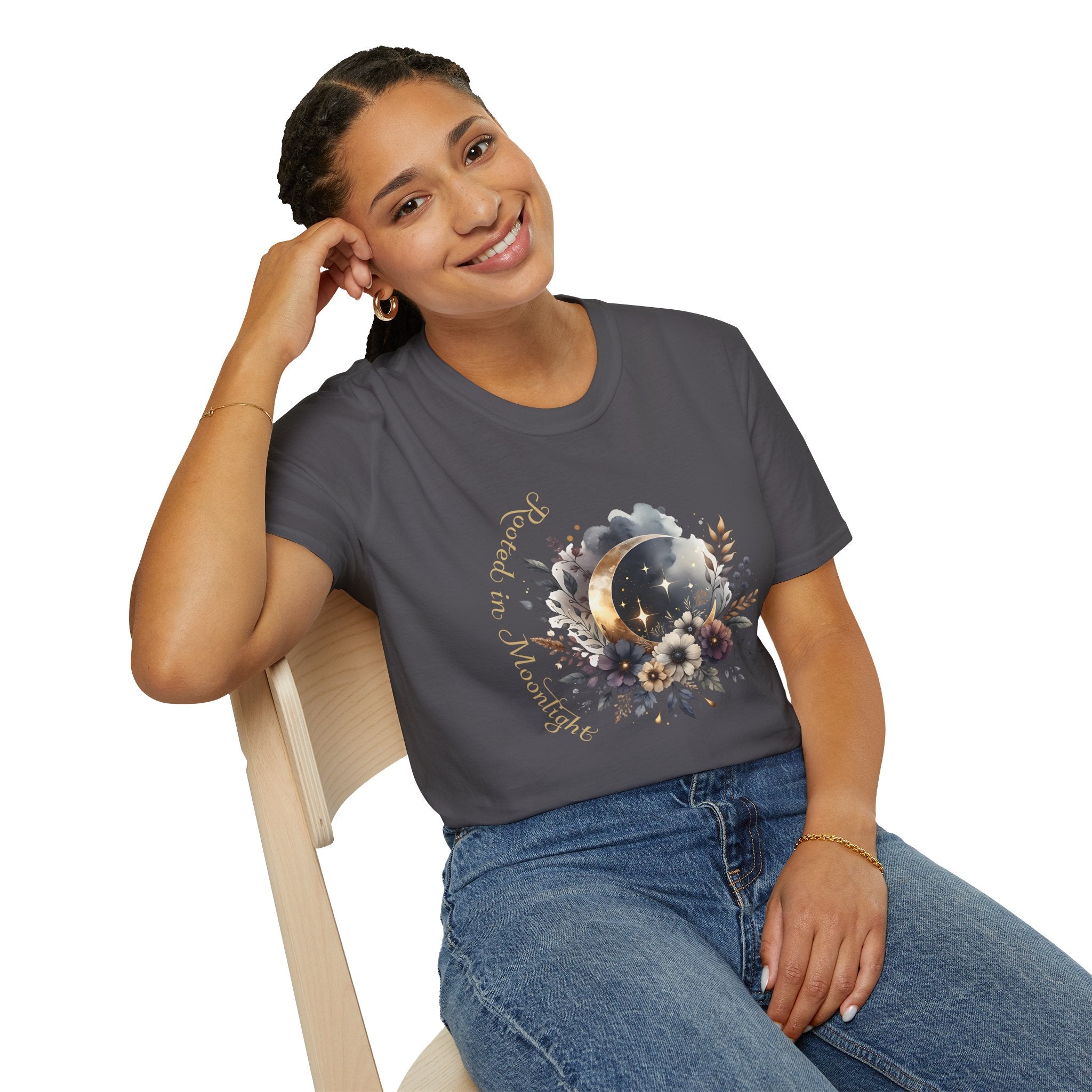 Moonlight Floral T-Shirt — 'Rooted in Moonlight' Celestial Floral Graphic Tee - Mystical Tee - Midnight Eye, LLC