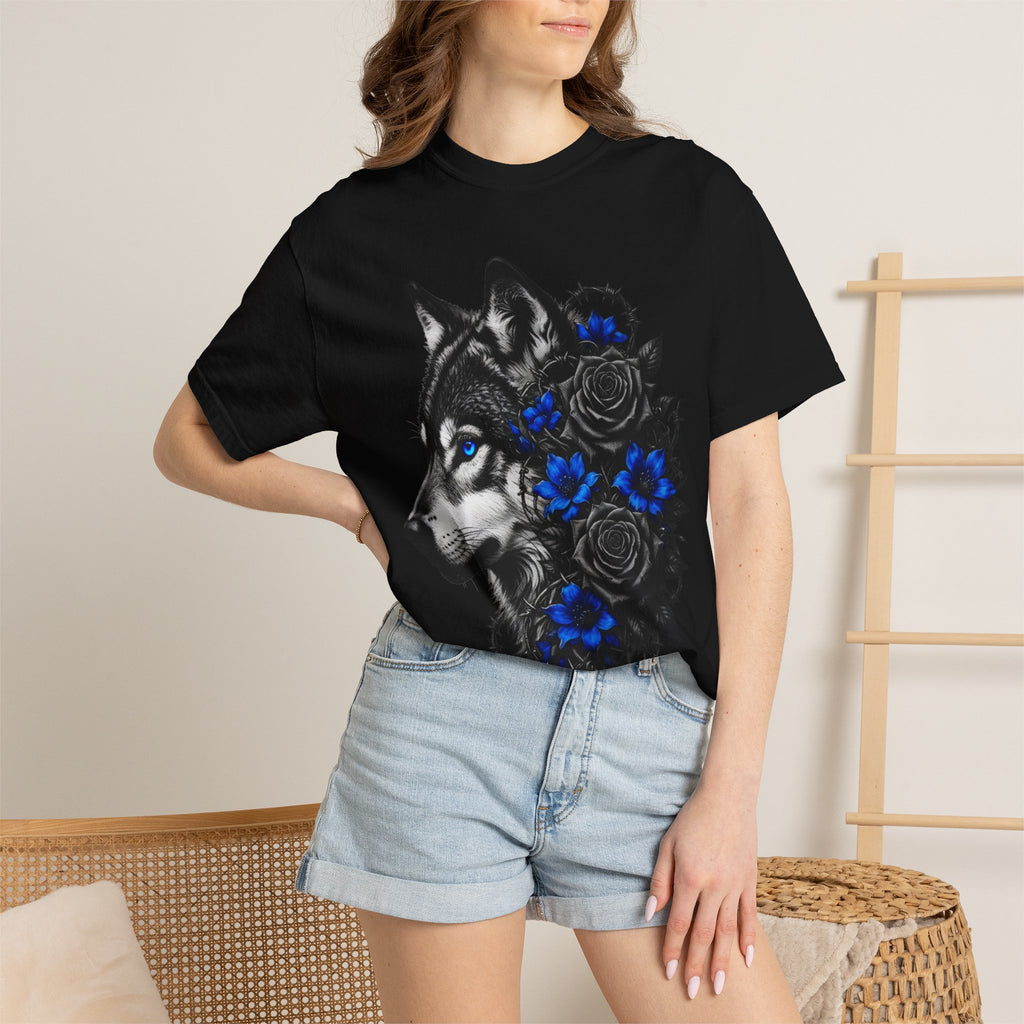 Wolf Floral T-Shirt — "Untamed" Graphic Tee with Blue & Black Roses