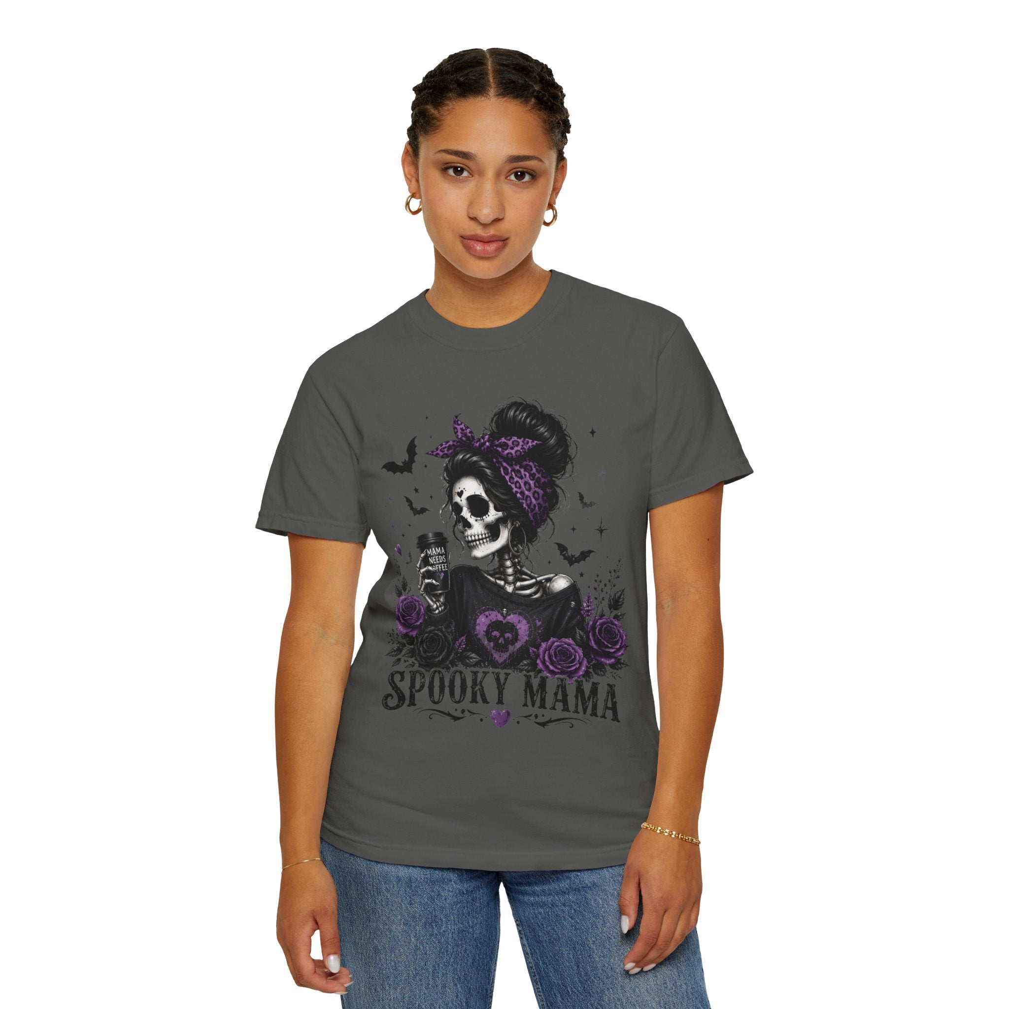 Spooky Mama T-Shirt — Gothic Skull  and Bats Mom Tee with Purple Roses. Midnight Eye, LLC. 