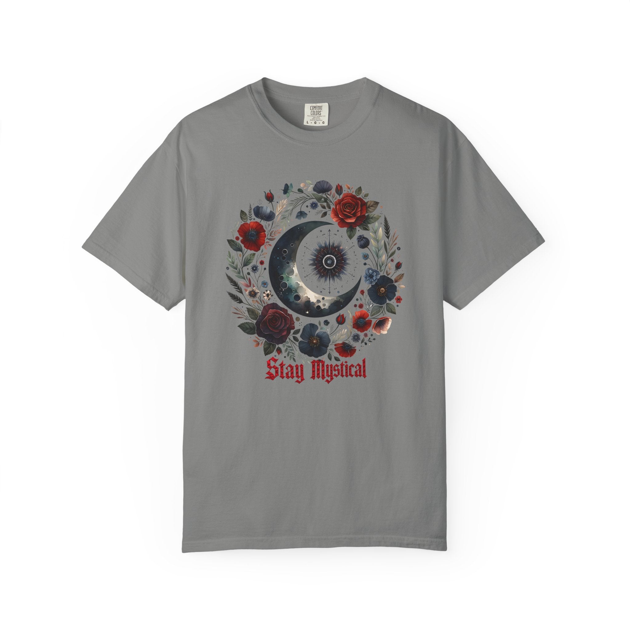 Mystical Moon T-Shirt — “Stay Mystical” Floral Crescent Tee - Dark Aesthetic T-Shirt - Midnight Eye, LLC