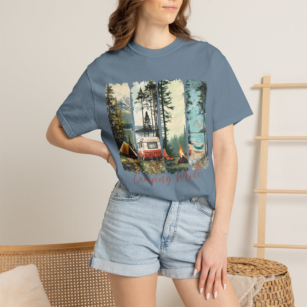 Camping Vibes T-Shirt — 'Camping Mode' Scenic Camper Retro Graphic Tee - Family Adventure Tee - Outdoor Tee