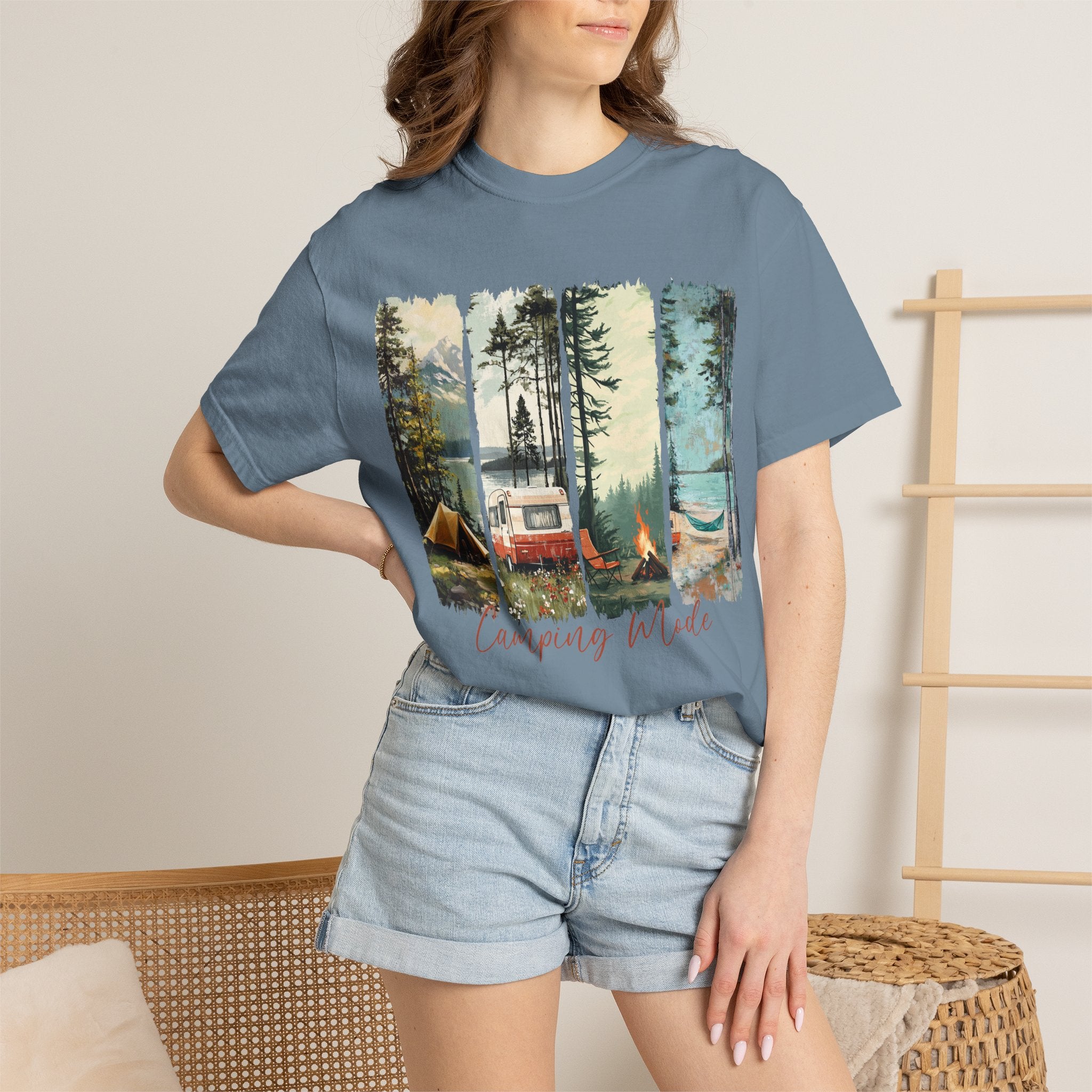 Camping Vibes T-Shirt — 'Camping Mode' Scenic Camper Retro Graphic Tee - Family Adventure Tee - Outdoor Tee