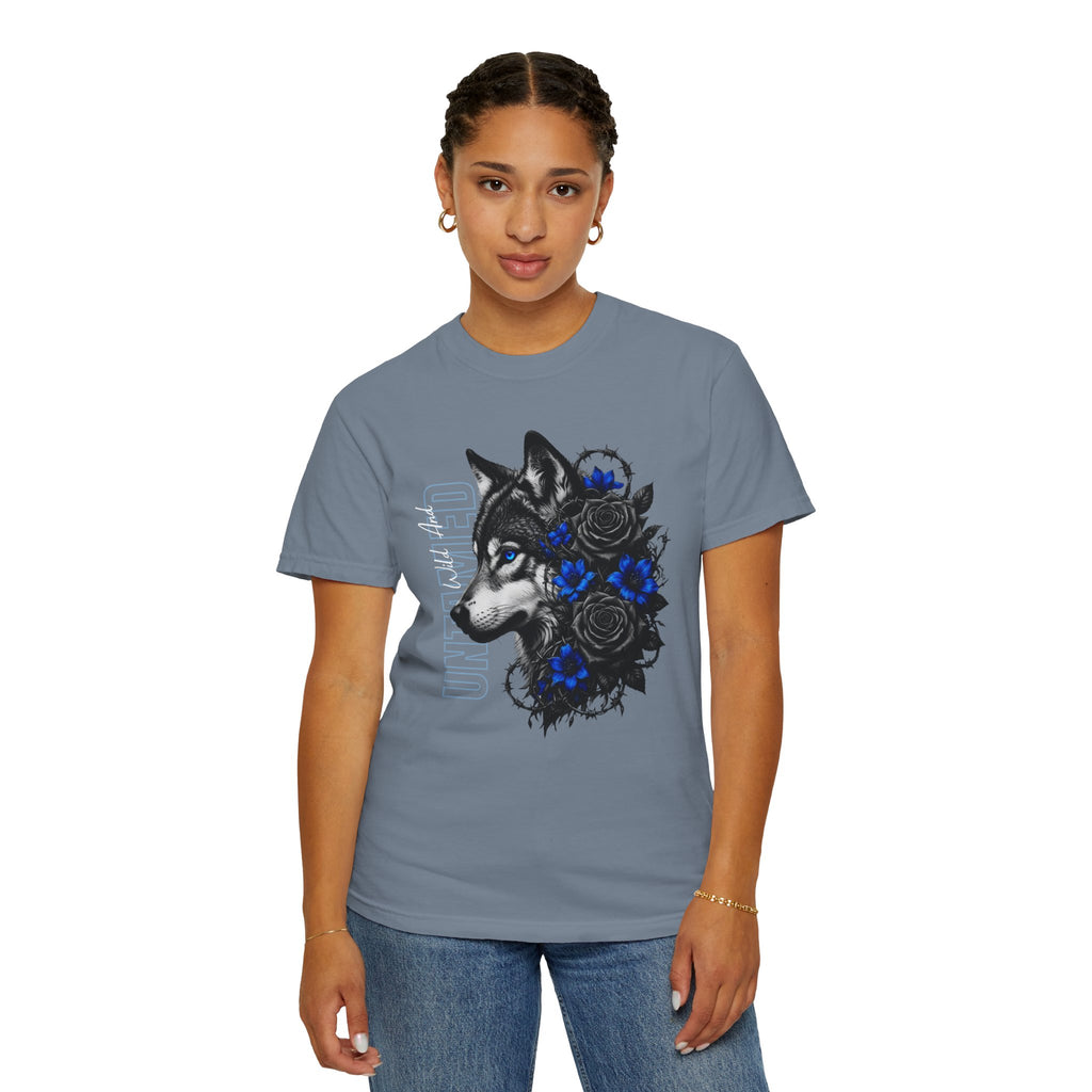 Wolf Floral T-Shirt — "Untamed" Graphic Tee with Blue & Black Roses. Midnight Eye, LLC.