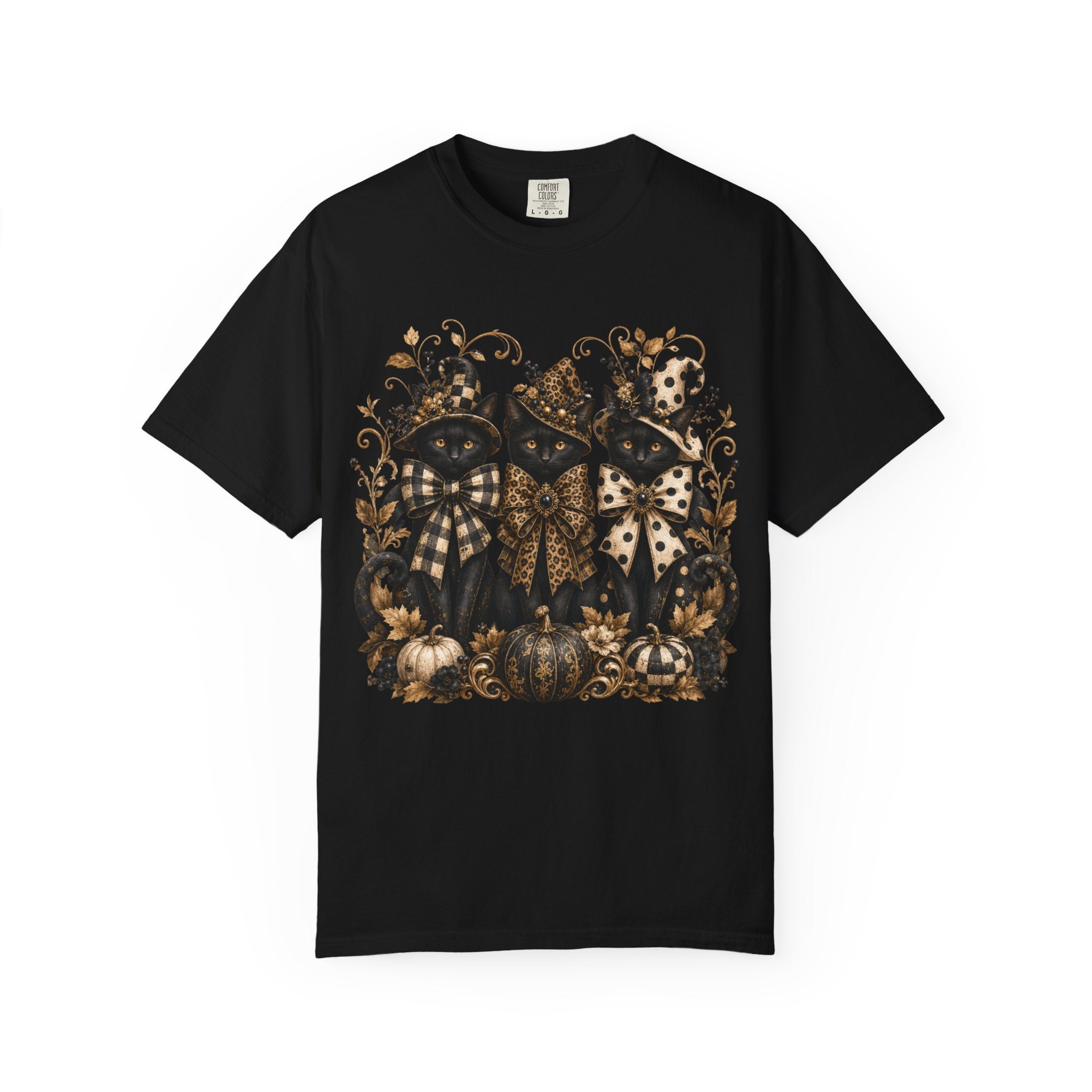 Halloween Black Cats & Pumpkins T-Shirt — Autumn Spooky Vintage Tee. Midnight Eye, LLC