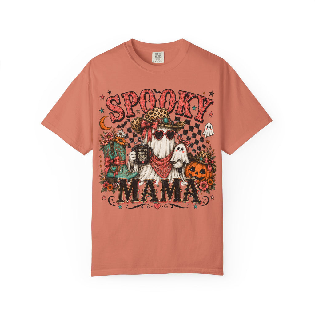Spooky Mama T-Shirt — Vintage Halloween Ghosts & Pumpkin Graphic. Midnight Eye, LLC