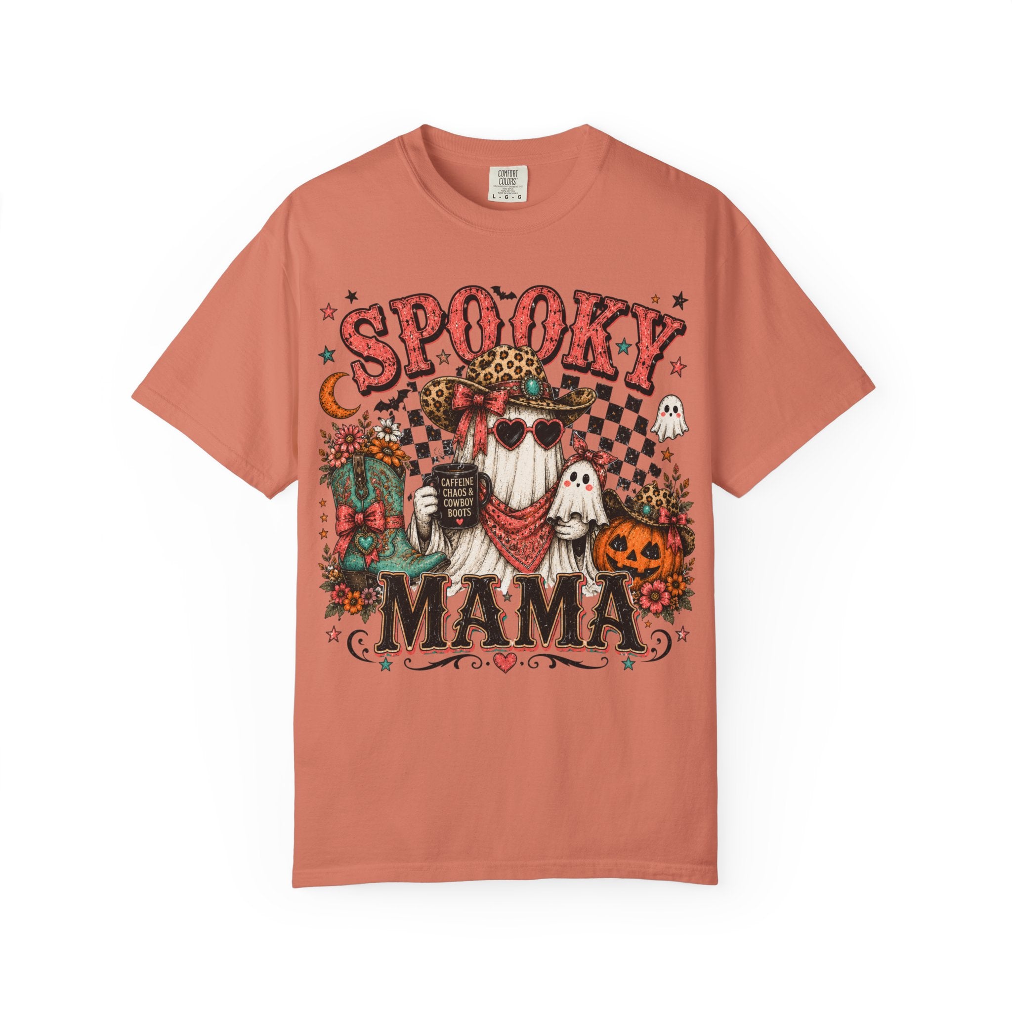 Spooky Mama T-Shirt — Vintage Halloween Ghosts & Pumpkin Graphic. Midnight Eye, LLC
