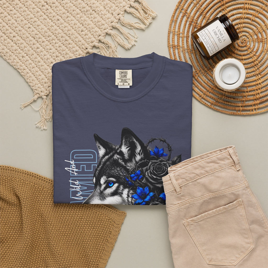 Wolf Floral T-Shirt — "Untamed" Graphic Tee with Blue & Black Roses. Midnight Eye, LLC.