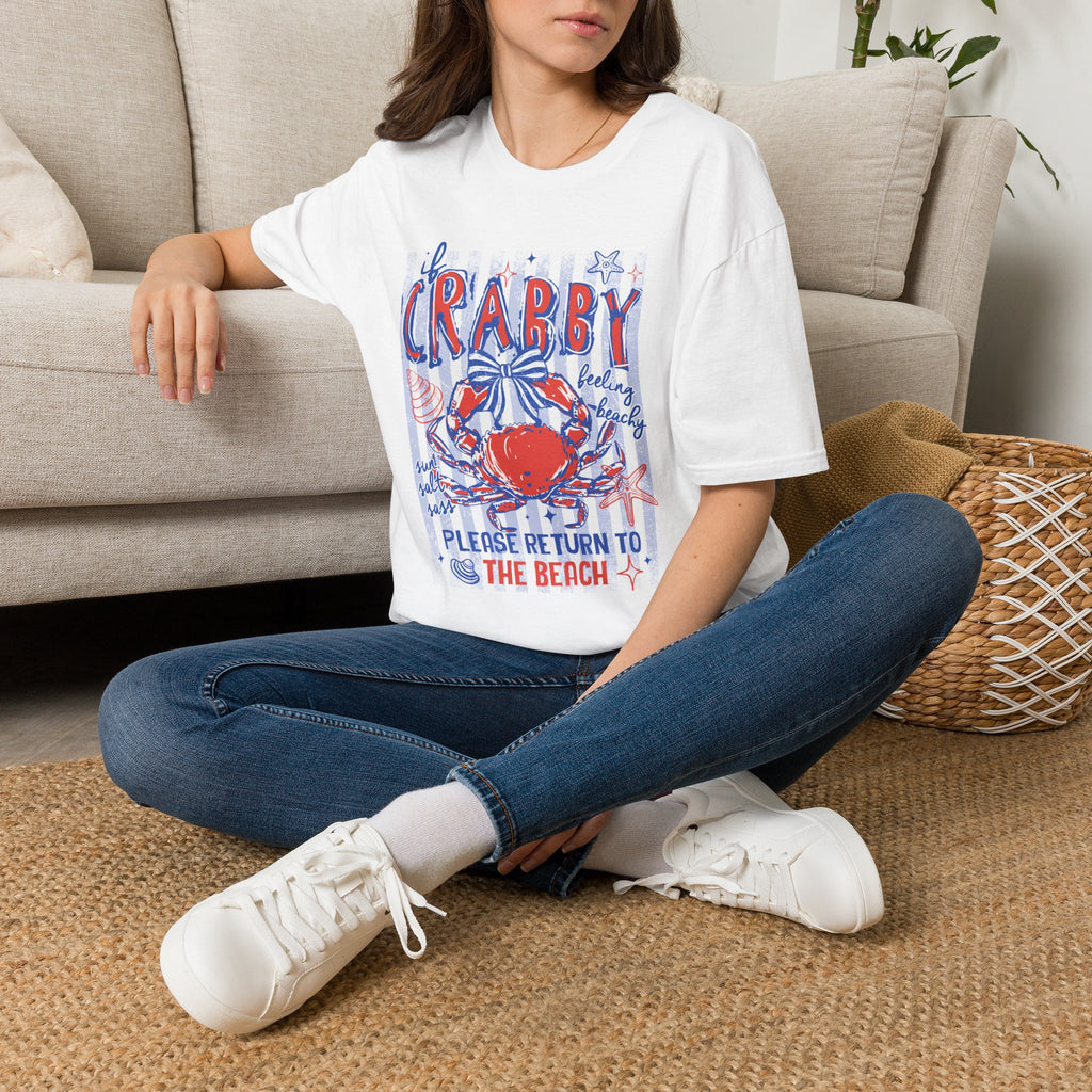Crabby Beach T-Shirt — "If Crabby, Please Return to the Beach" Funny Summer Tee. Midnight Eye LLC.
