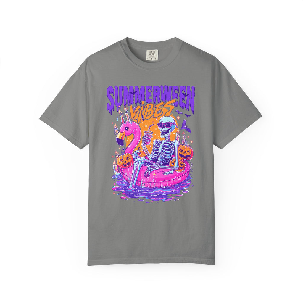 Summerween Vibes T-Shirt — Flamingo Pool Skeleton Halloween in Summer Tee - Midnight Eye, LLC