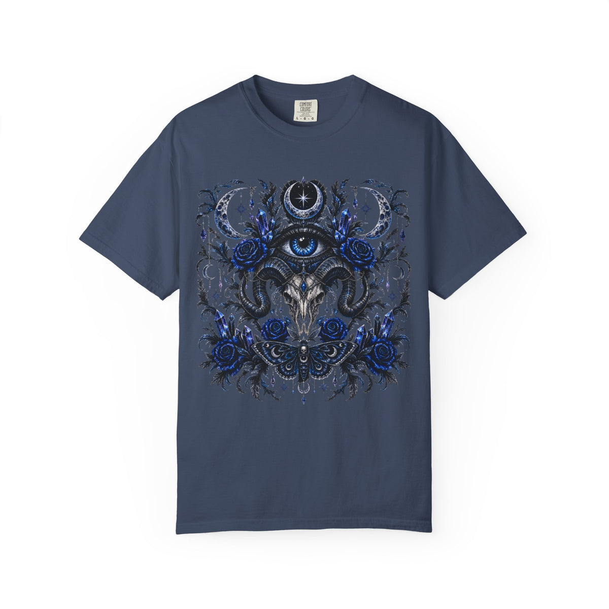 Mystical Blue Floral Eye Graphic T-Shirt - Whimsical Moon and Eye Tee