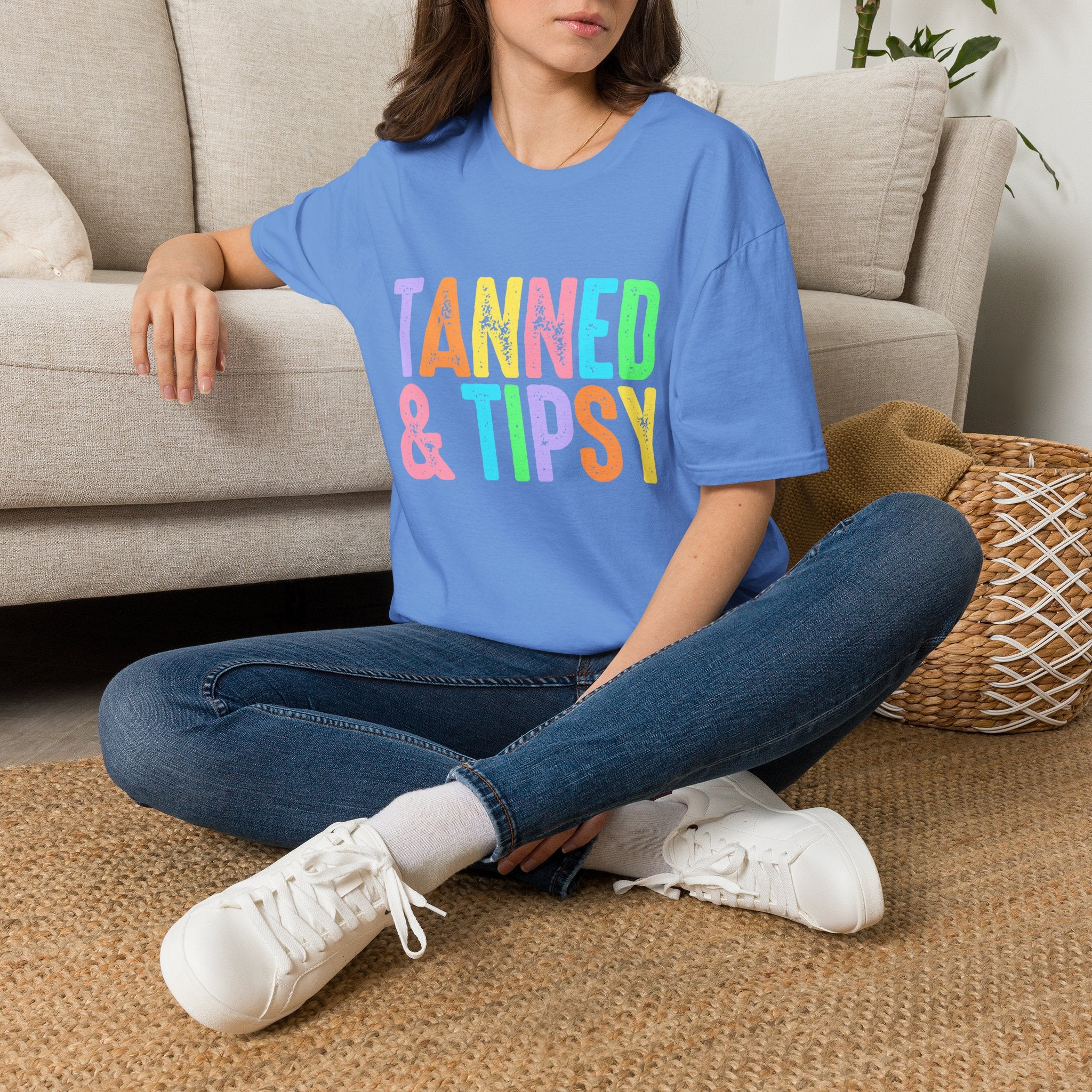 Tanned & Tipsy Beach Vacation T-Shirt - Colorful Vacation T-Shirt - Funny Summer Tee. Midnight Eye, LLC.
