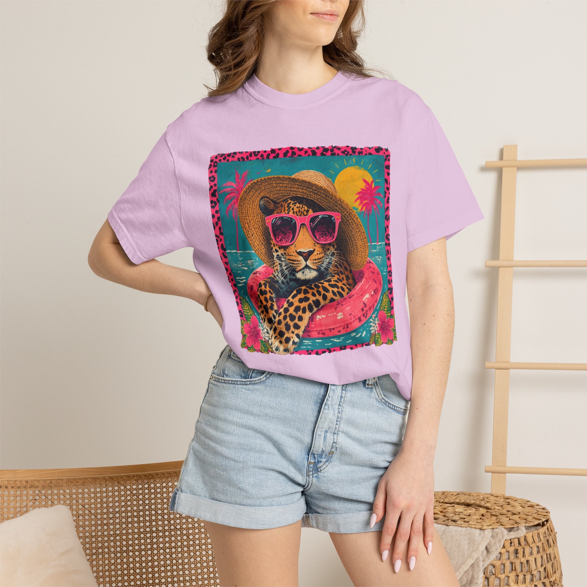 T-Shirt — Tropical Leopard in Sunglasses Summer Graphic - Sassy Vacation T-Shirt. Midnight Eye, LLC.