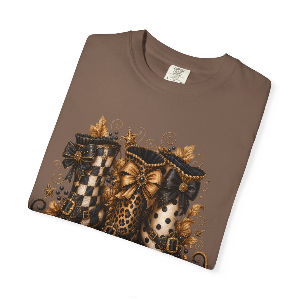 Halloween Cat Bow T-Shirt — Autumn Pumpkin & Checkered Witch Boots Graphic Tee