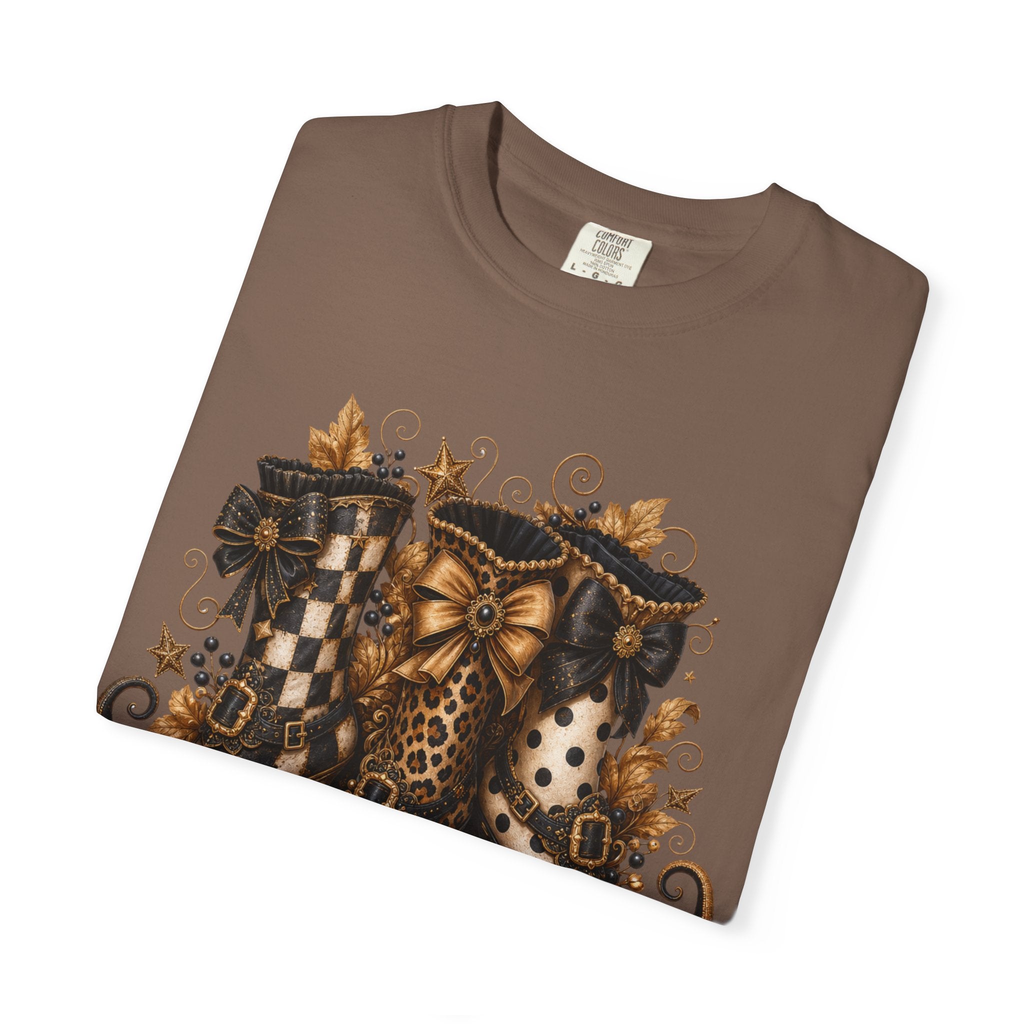 Halloween Cat Bow T-Shirt — Autumn Pumpkin & Checkered Witch Boots Graphic Tee