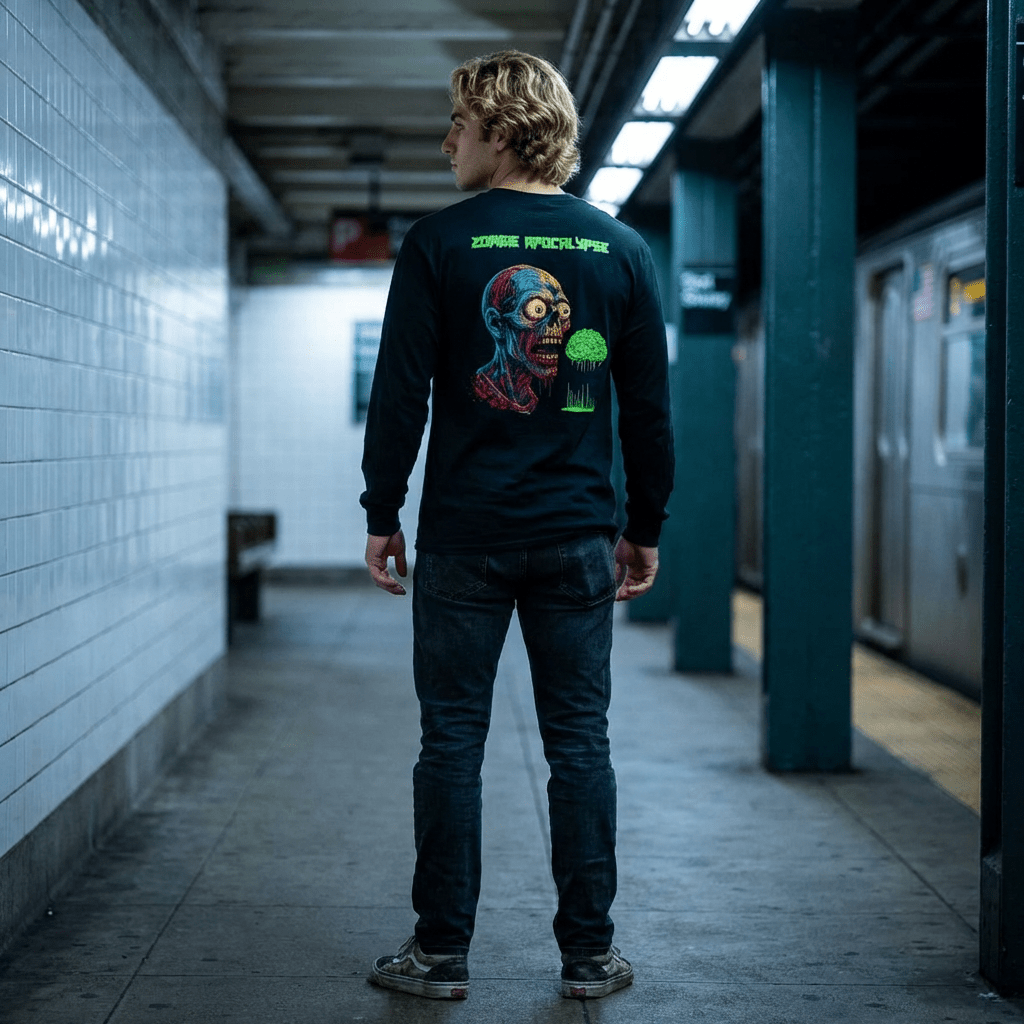 Zombie Apocalypse Long Sleeve Tee — Festival Neon Horror Graphic - Midnight Eye, LLC