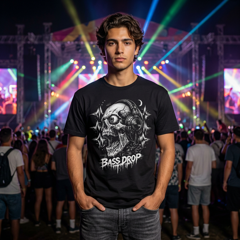 Bass Drop Skull T-Shirt — DJ Headphones Graphic Tee - Streetwear T-Shirt. Midnight Eye, LLC