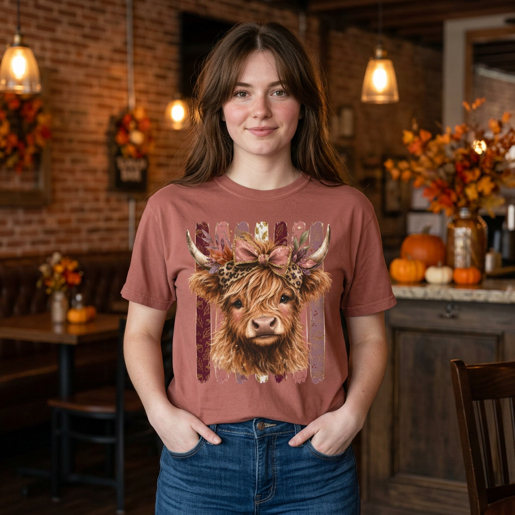 Highland Cow Floral Tee — Cute Cow Graphic T-Shirt